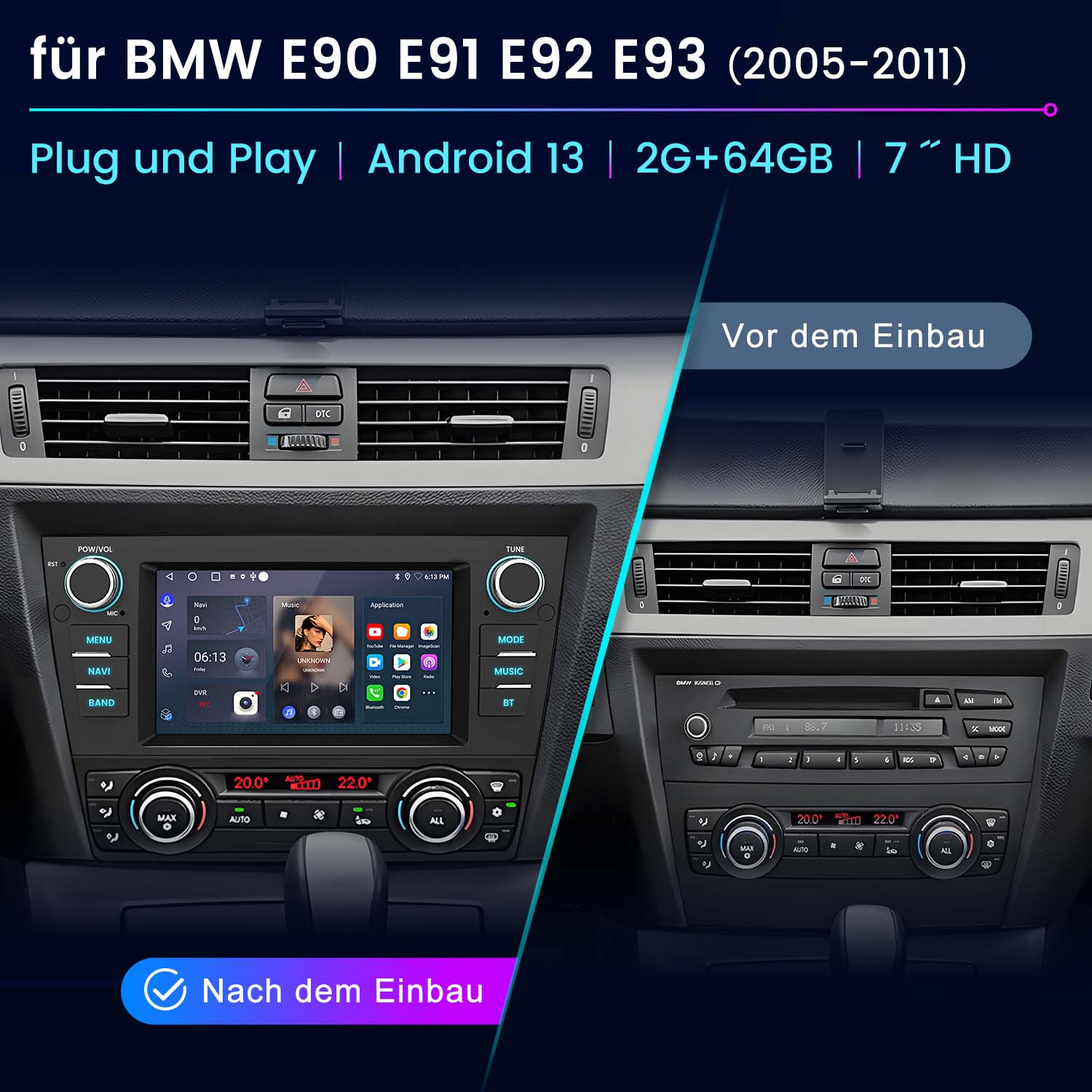 Auto-Armaturenbrett vor und nach der Installation eines Bildschirms. Der Bildschirm zeigt eine Musik-App.