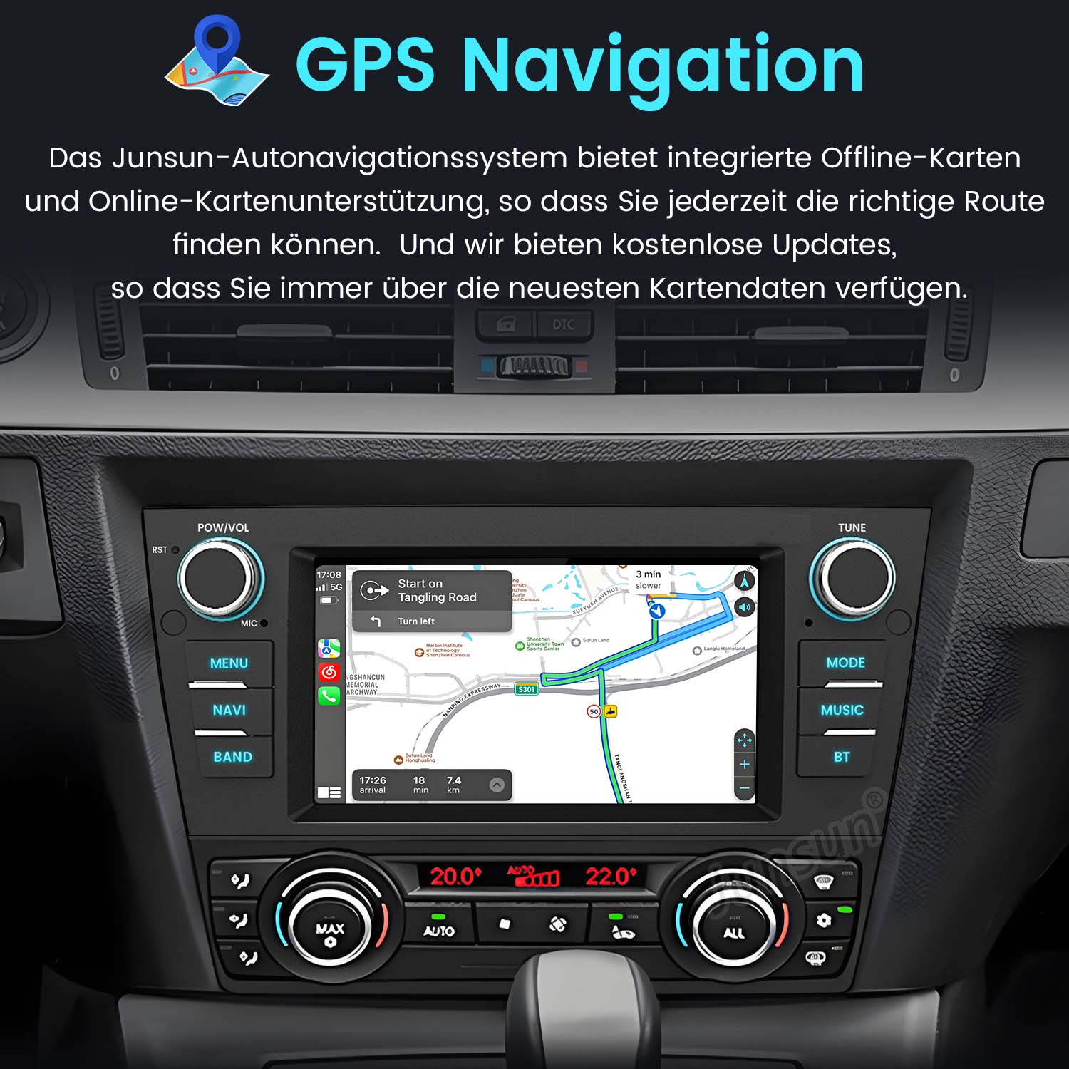 Auto-Navigationssystem-Bildschirm mit Karte. Armaturenbrett mit Knöpfen. Text-Overlay zur GPS-Navigation.