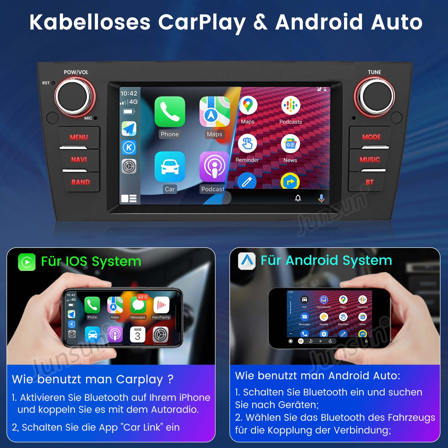 Auto-Infotainment-Bildschirm mit App-Symbolen, Text zu CarPlay und Android Auto.