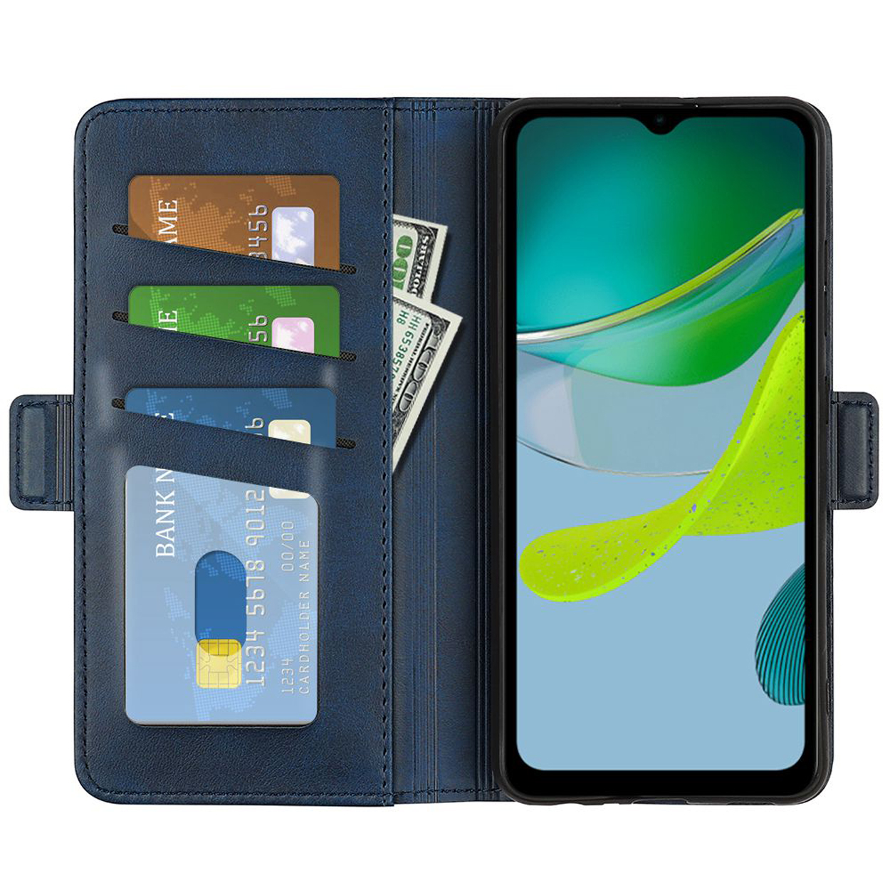 Open blauwe telefoonhoes met kaarten, contant geld en telefoon. Het telefoonscherm toont een scène met een groene achtergrond.
