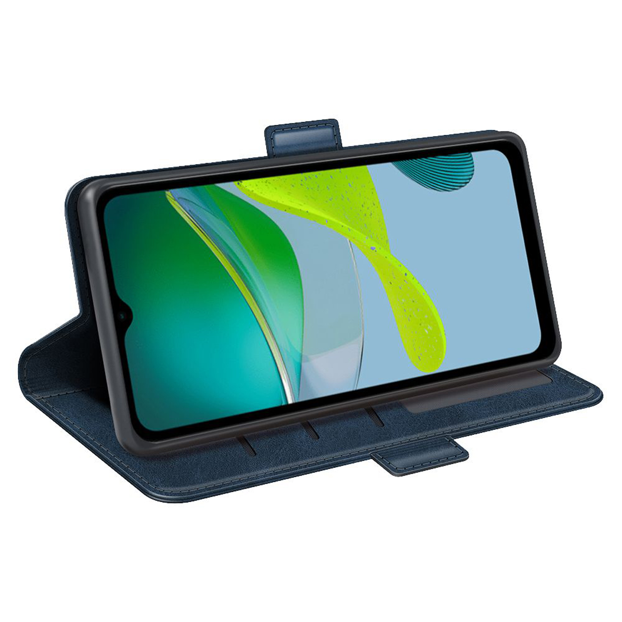Blauwe telefoonhoes, open, met een telefoon erin. Het scherm toont een abstracte afbeelding.