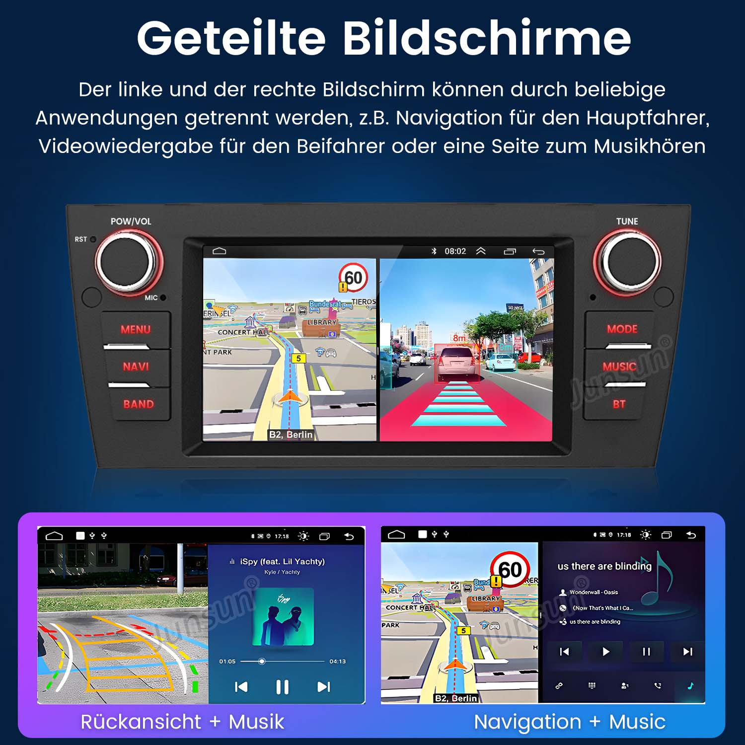 Auto-Armaturenbrett mit Navigations- und Musikbildschirmen. Text-Overlay und mehrere Tasten.