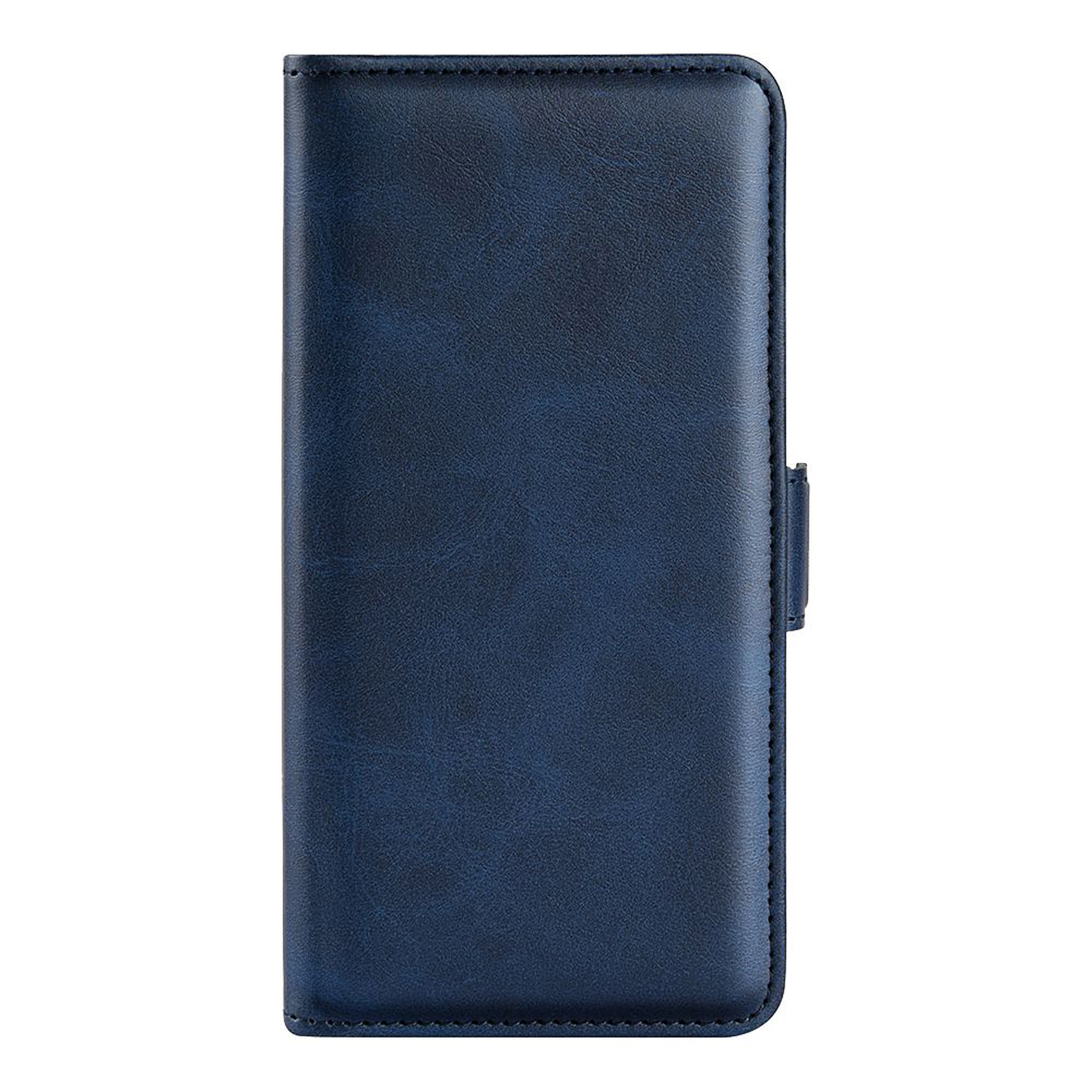 Gesloten blauwe telefoonhoes met een magnetische sluiting. De textuur is glad en de hoes is gesloten.