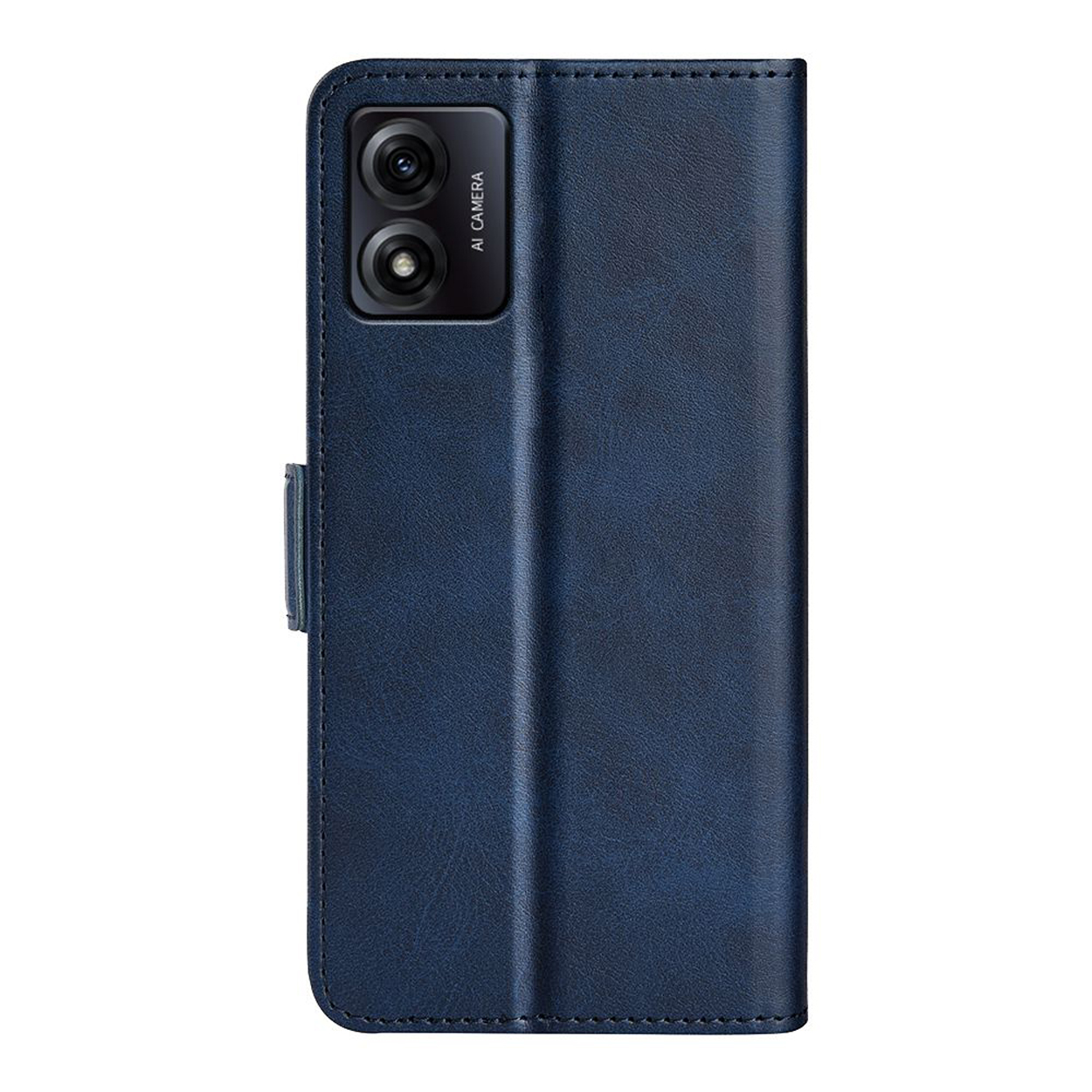 Blauwe telefoonhoes gesloten, van voren getoond met een AI-camera. De achterkant is zichtbaar.
