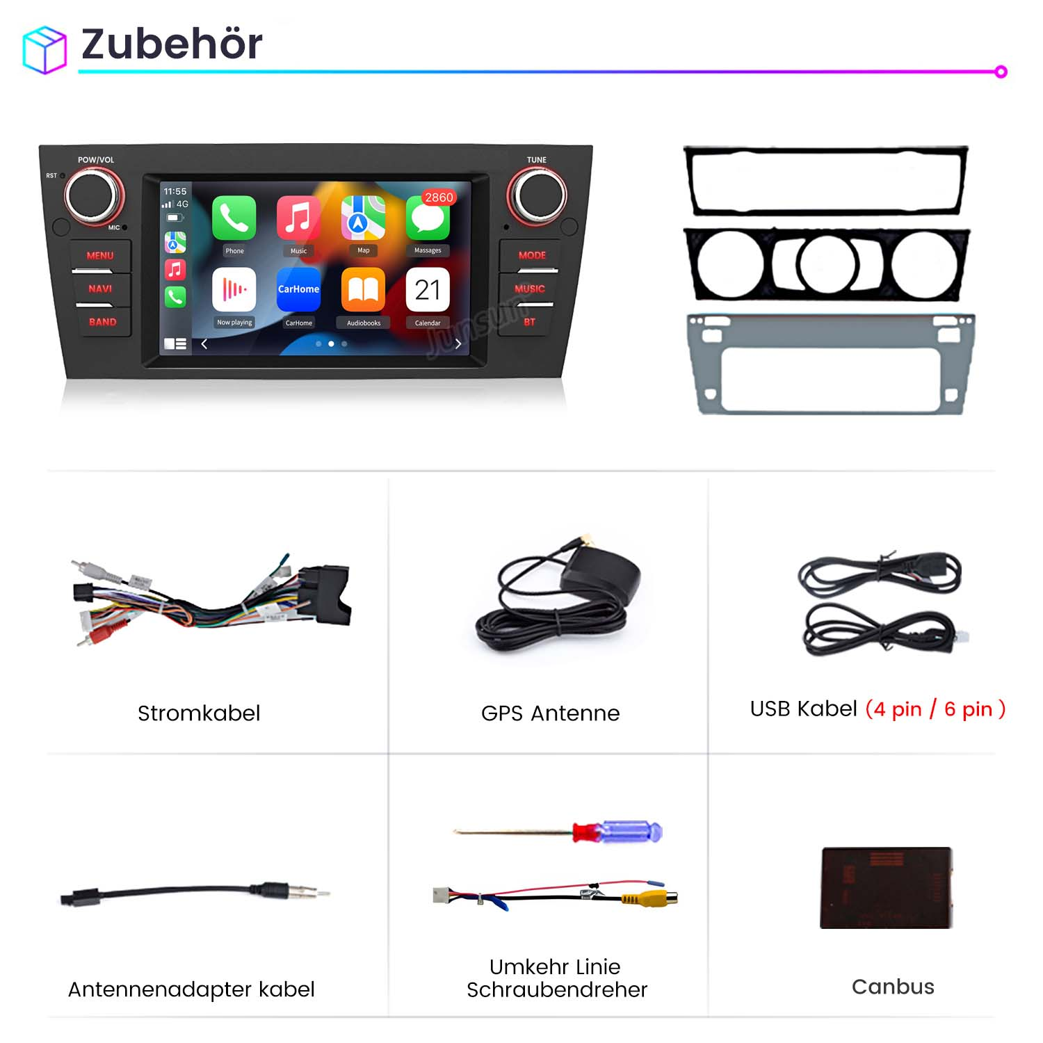 Autoradio und Zubehör, einschließlich Kabeln, Schraubendreher und GPS-Antenne.