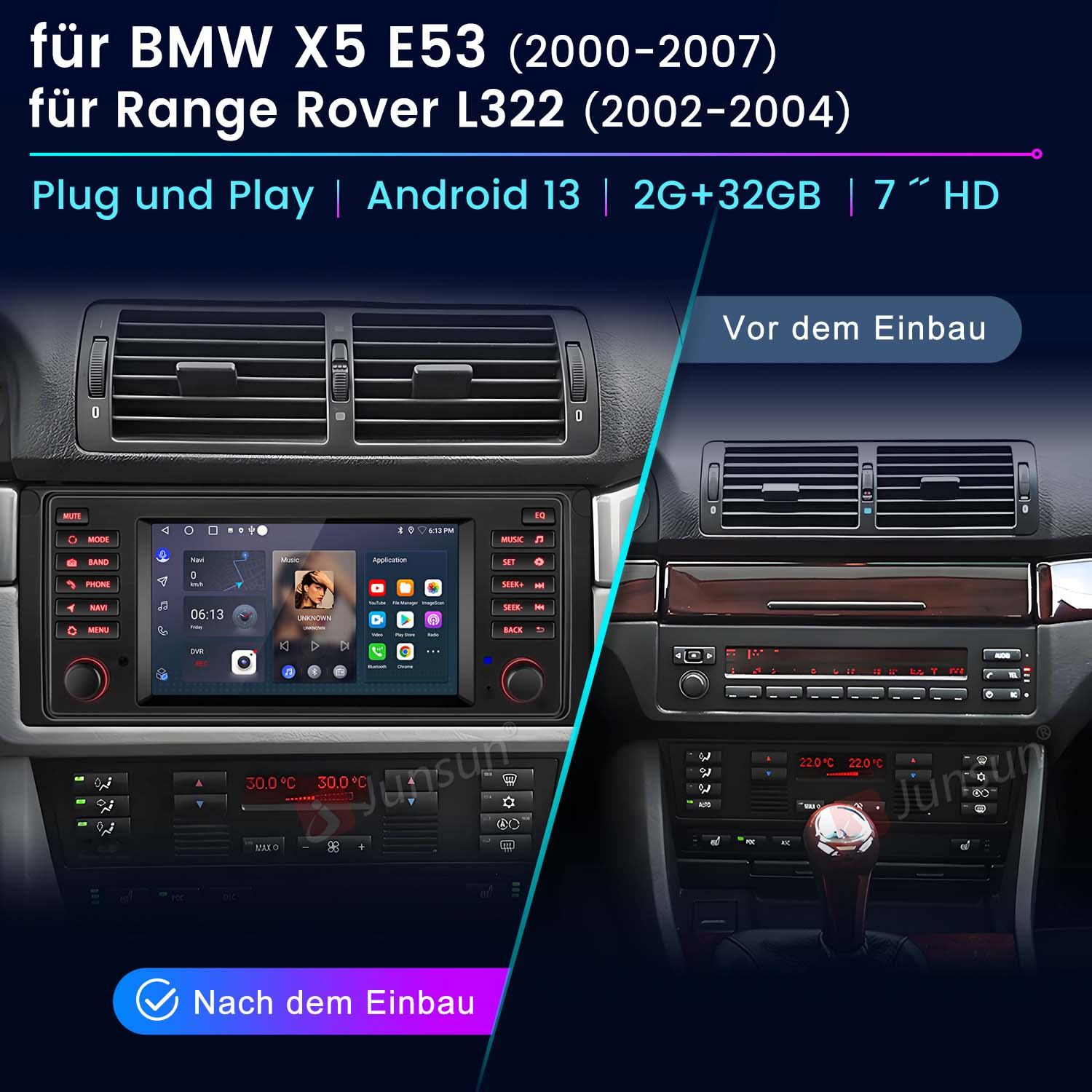 Auto-Audiosystem, vor und nach der Installation, für BMW X5, Range Rover. Das System ist schwarz und hat einen Bildschirm.