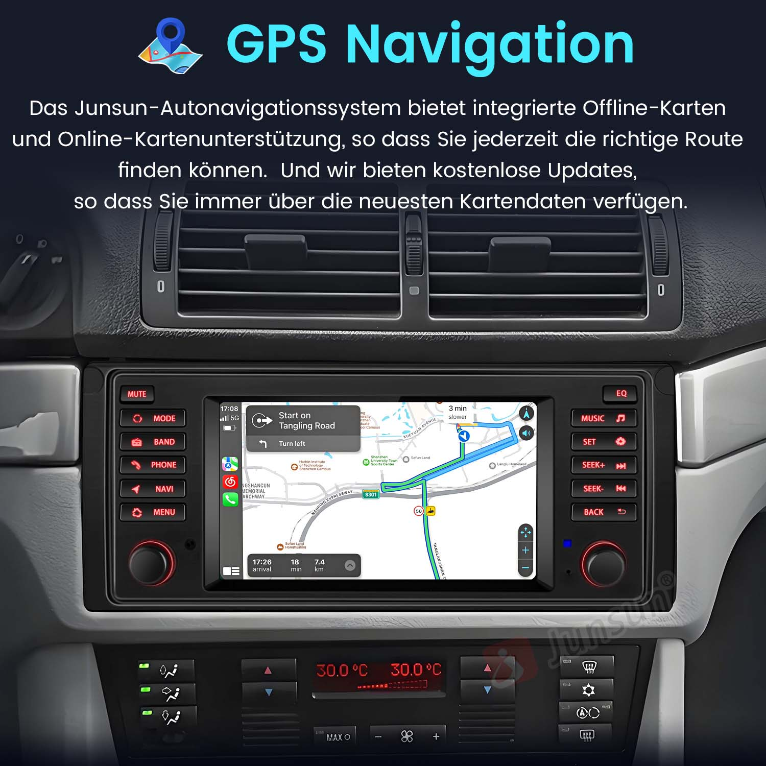 Navigationssystem im Auto mit Karte und Route auf dem Bildschirm. Armaturenbrett.