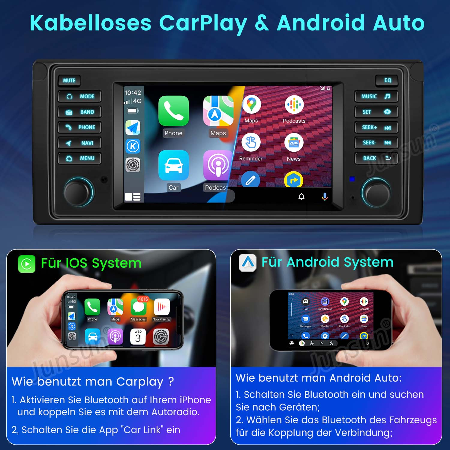 Autoradio-Headunit, die die Oberfläche für Apple CarPlay und Android Auto zeigt.