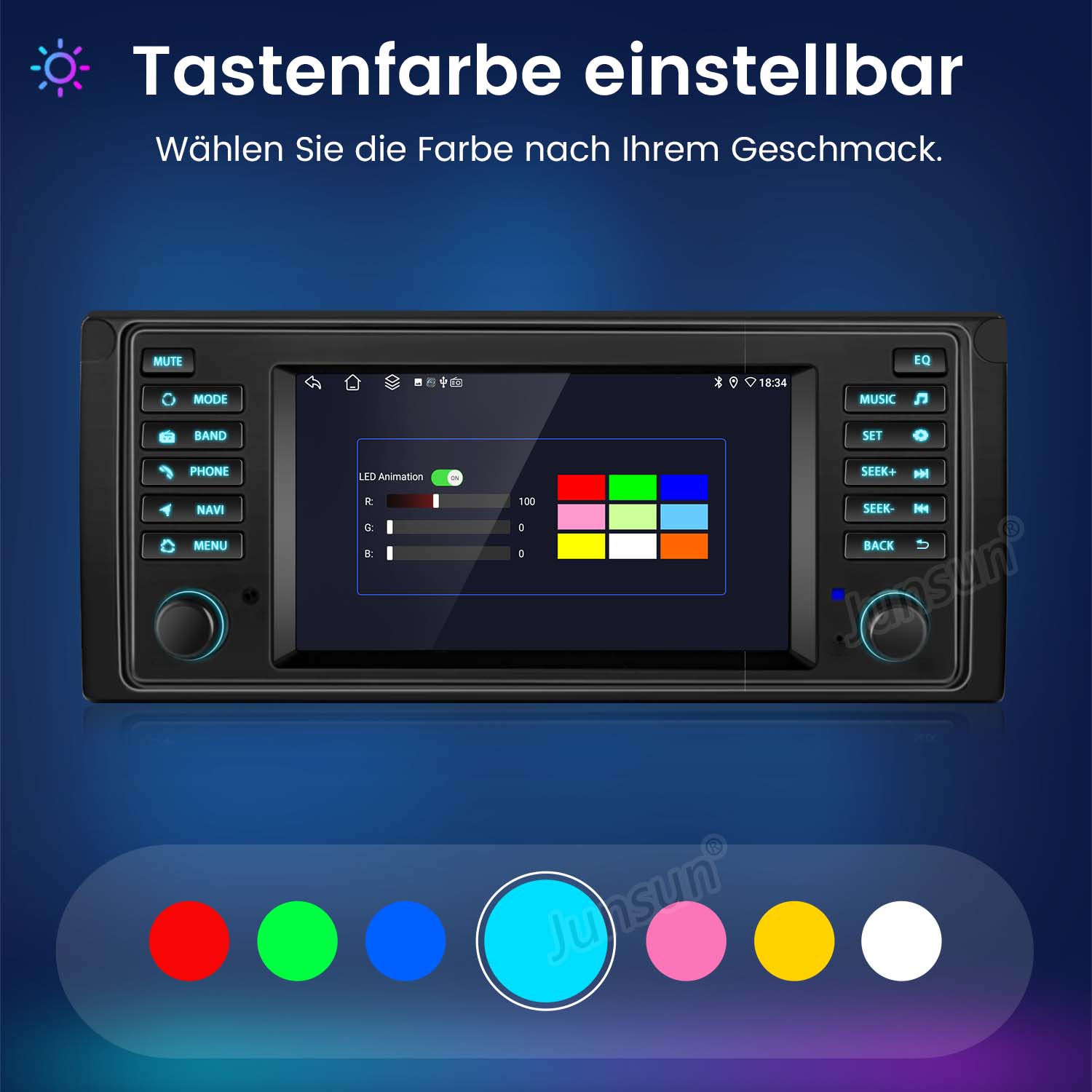 Autoradio mit Bildschirm, der Farboptionen zeigt. Tasten für Stummschaltung, Telefon, Band, Navi, Menü, Musik und EQ.