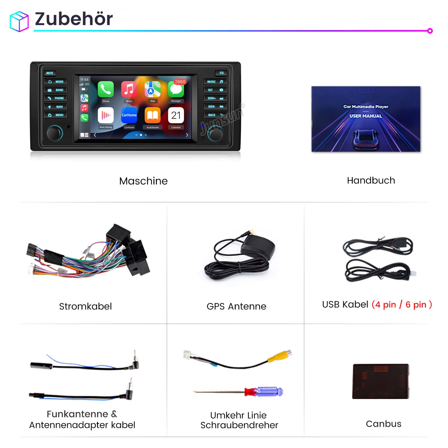 Auto-Multimedia-Player, Kabel und Zubehör werden auf weißem Hintergrund angezeigt.