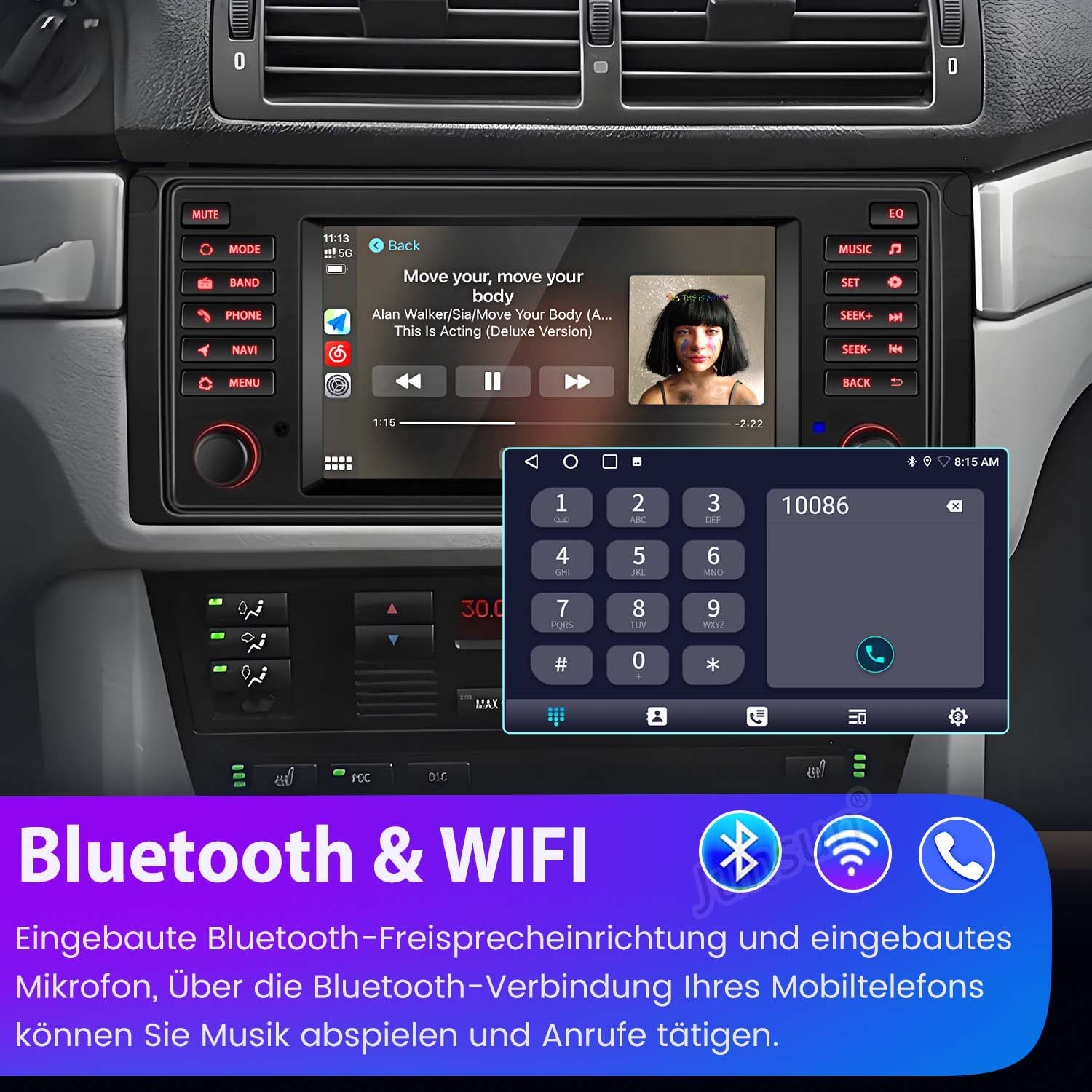 Auto-Multimedia-System mit Telefonbildschirm und Navigationsbildschirm. Bluetooth und WIFI.