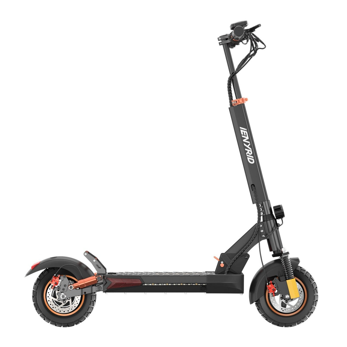 Monopattino elettrico nero con marchio IENYRID, accenti arancioni e sfondo bianco.