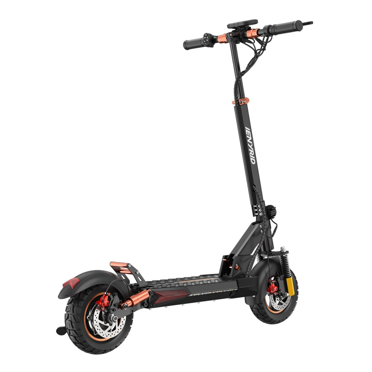 Scooter elettrico nero e bronzo su sfondo bianco. Ha ruote grandi e sospensioni.
