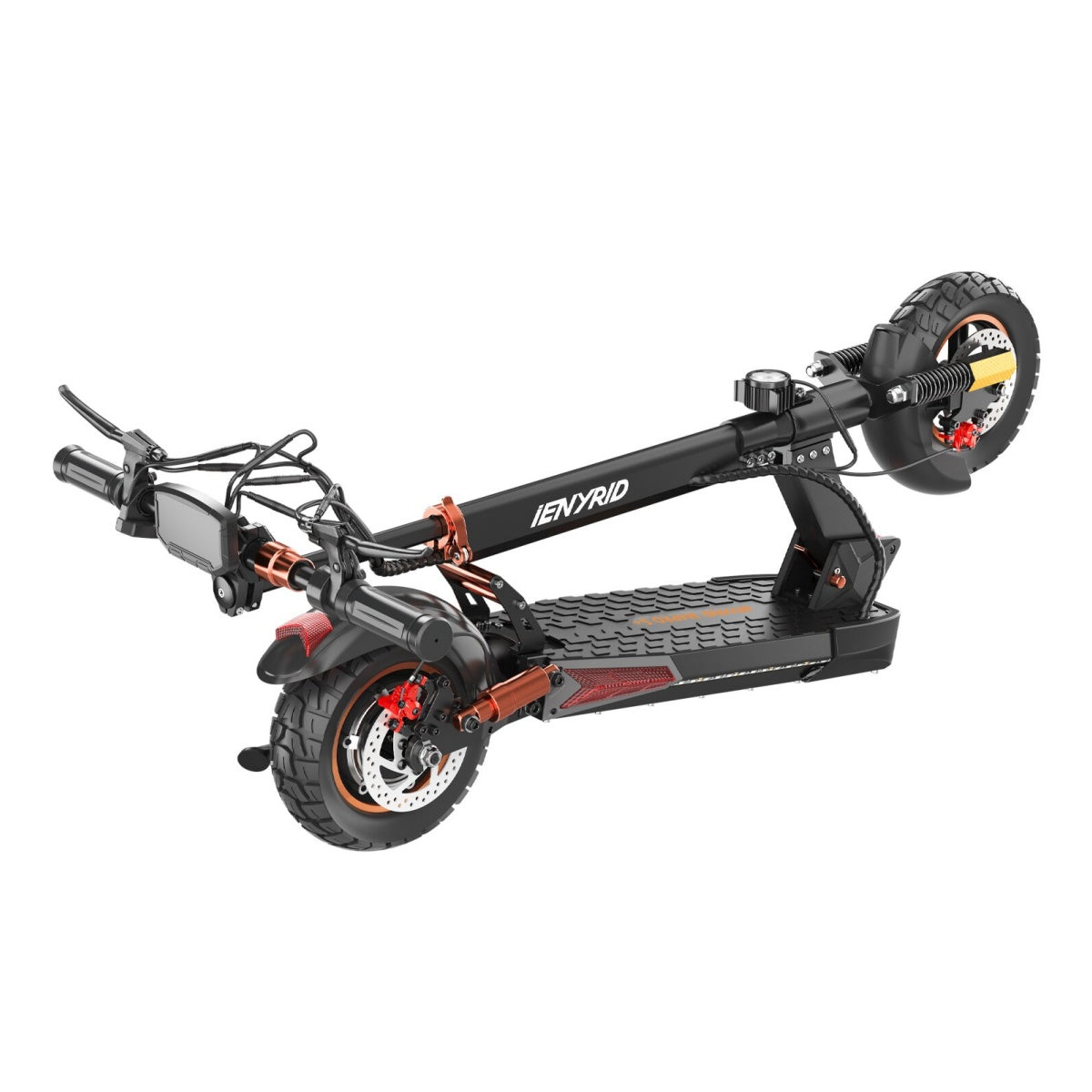 Scooter elettrico, nero e arancione con manubrio piegato e due ruote grandi.