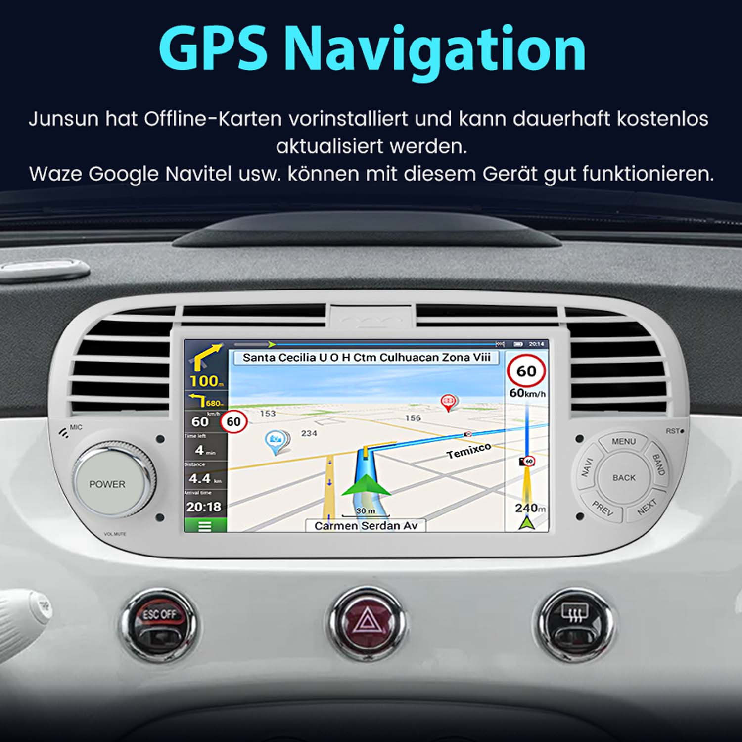 Armaturenbrett eines Autos, das einen GPS-Navigationsbildschirm mit Karten- und Geschwindigkeitsdetails anzeigt.