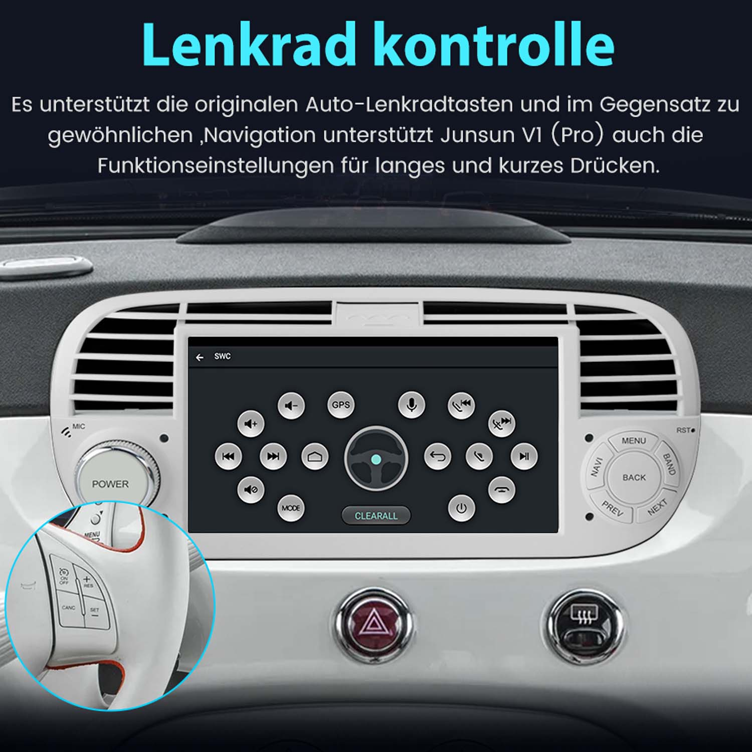Armaturenbrett eines Autos mit Navigationsbildschirm. Der Bildschirm ist von Knöpfen und Bedienelementen umgeben.