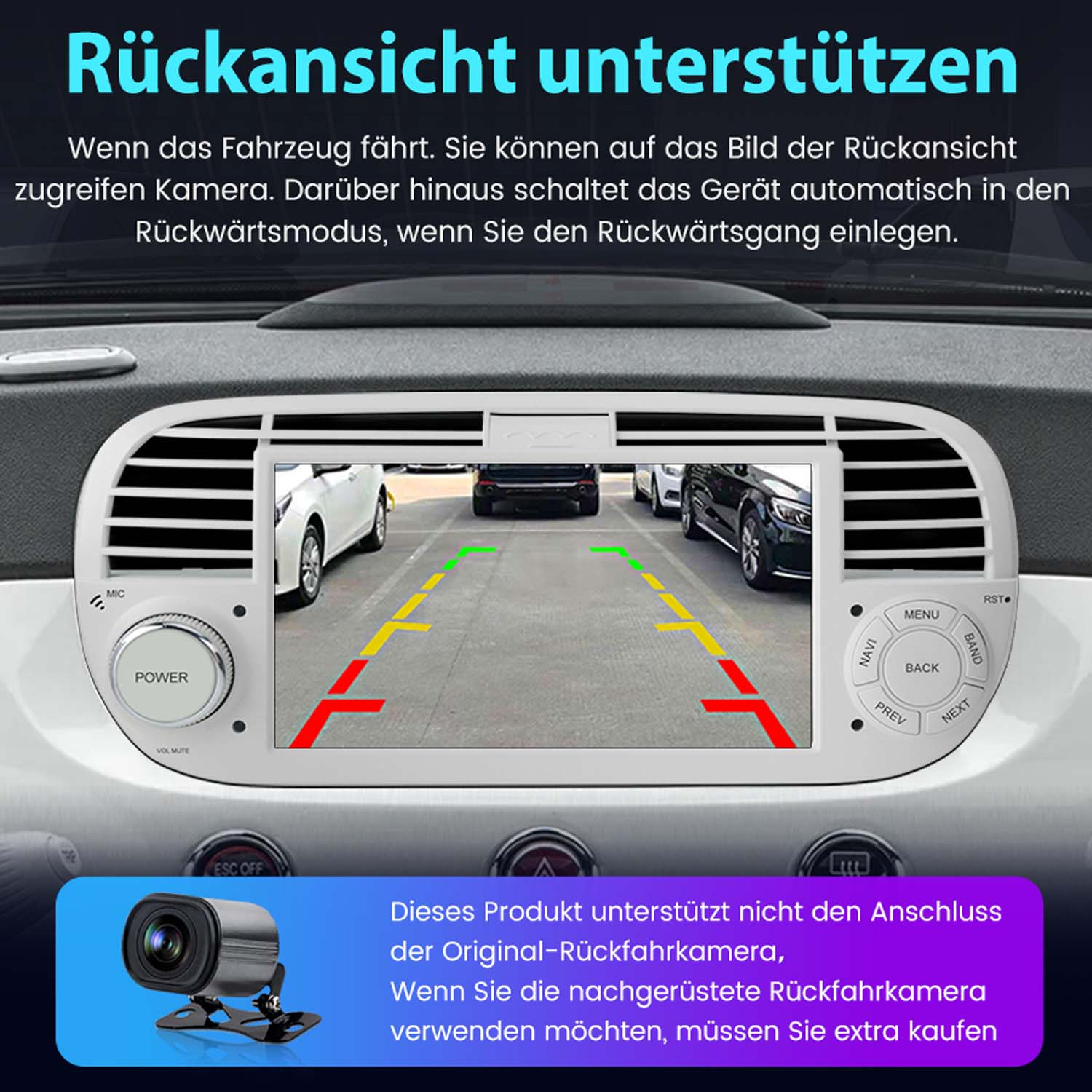 Autoradio-Bildschirm mit Rückansicht und Richtlinien. Text in Deutsch zur Rückfahrkamera.