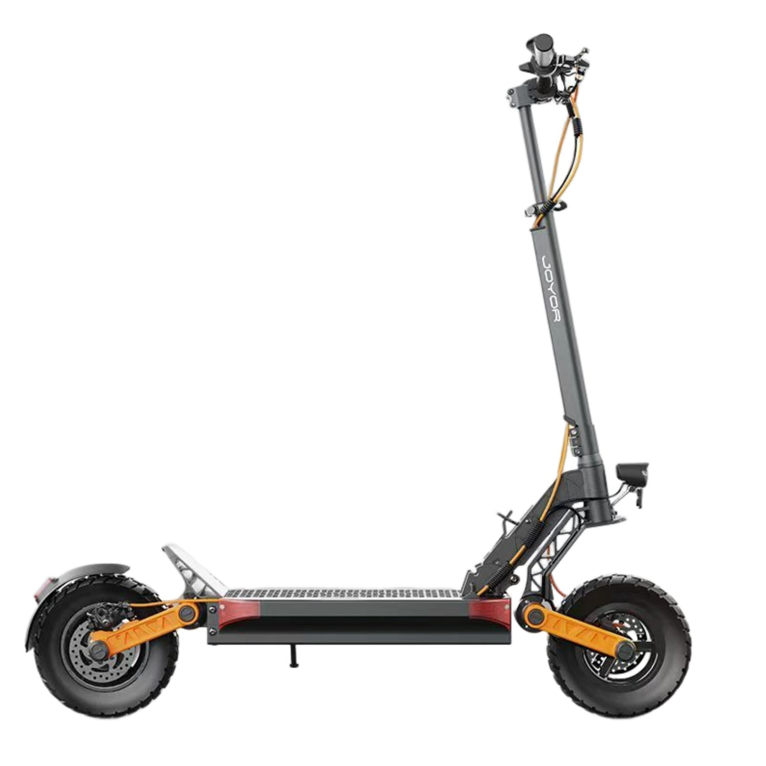 Ein grauer Elektroroller mit großen Rädern, orangefarbener Federung und faltbarem Design, vor weißem Hintergrund.