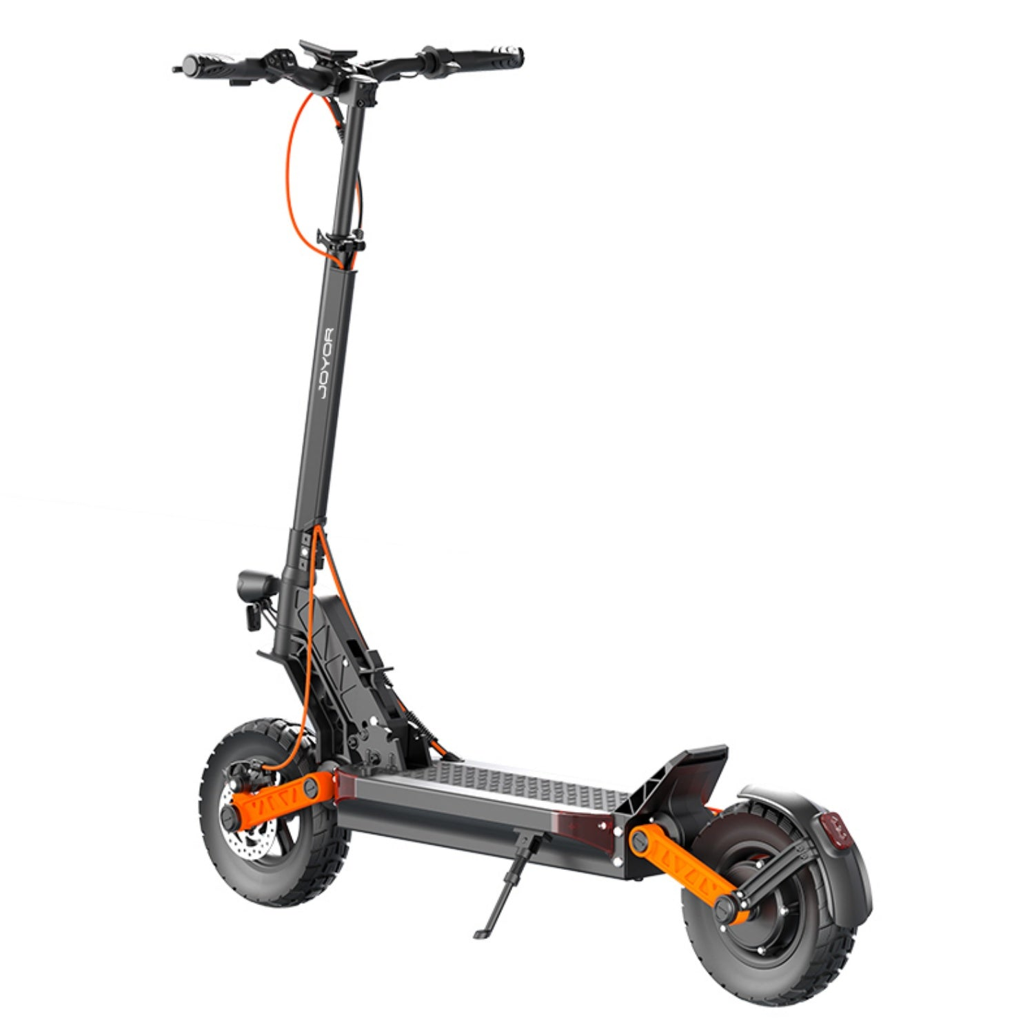 Schwarzer und orangefarbener Elektroroller auf weißem Hintergrund, mit Joyor-Logo.