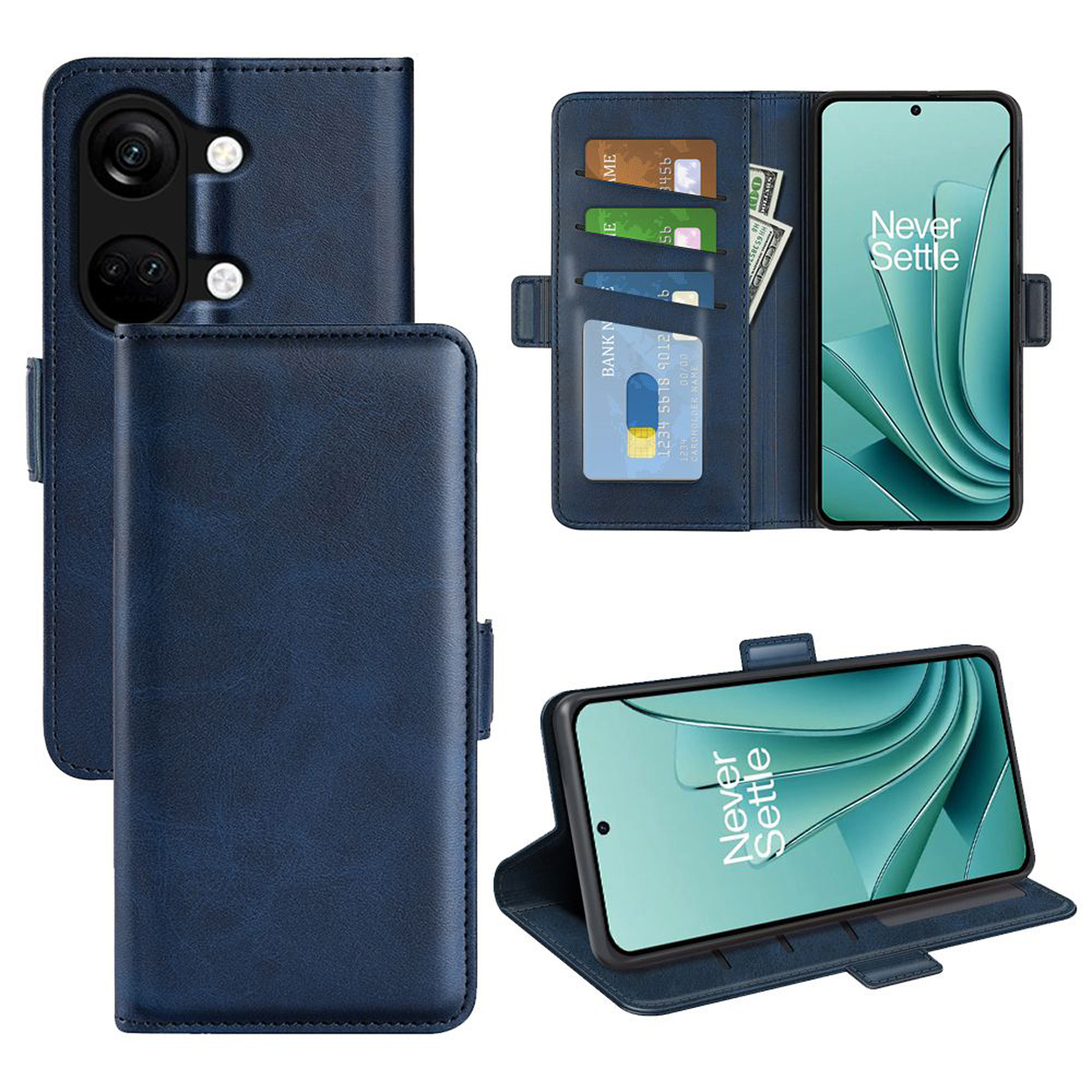 Étui de téléphone bleu avec téléphone. Le téléphone a le texte "Never Settle". Fond blanc.