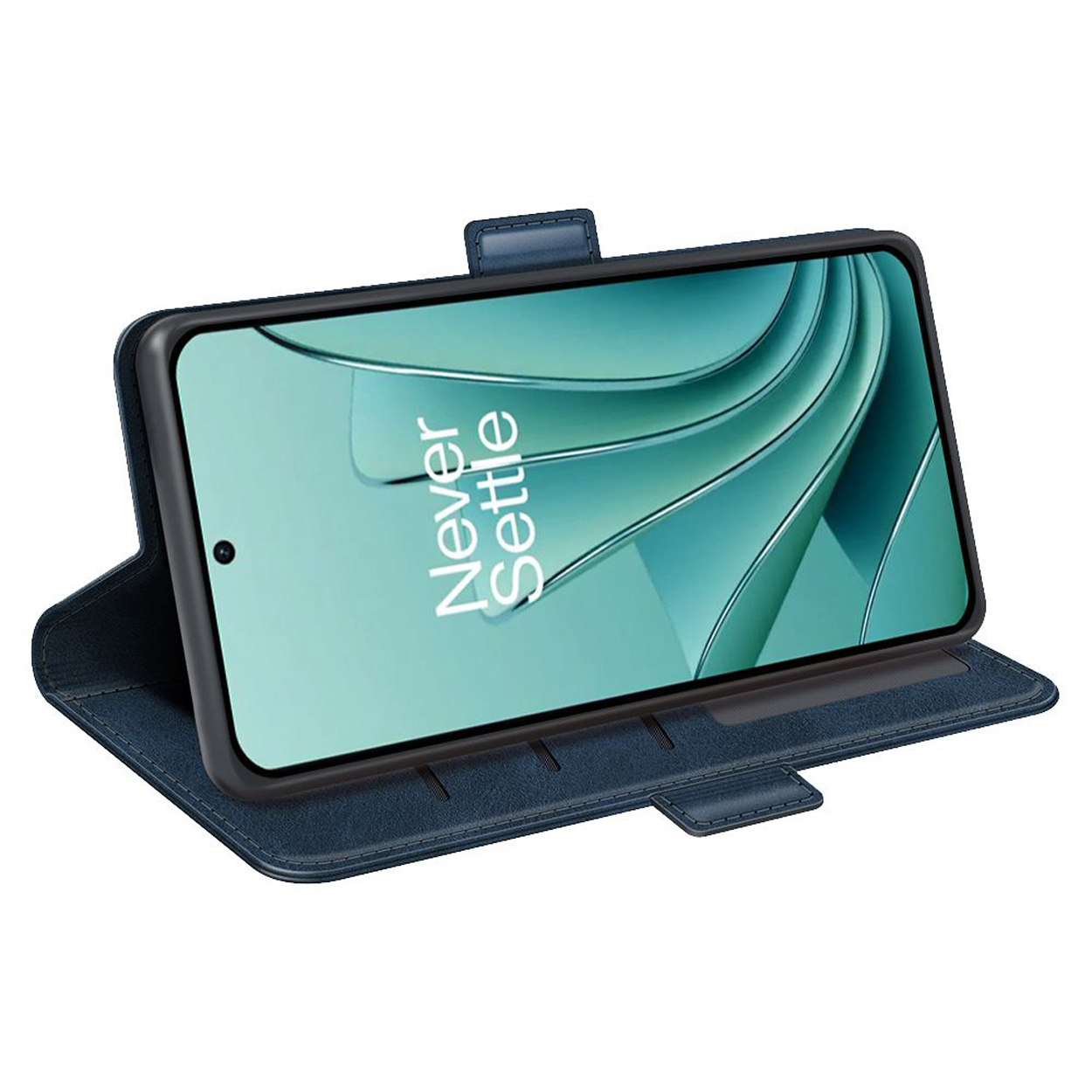 Un étui de téléphone bleu avec un téléphone à l'intérieur montrant un design bleu et vert avec le texte 'Never Settle'.