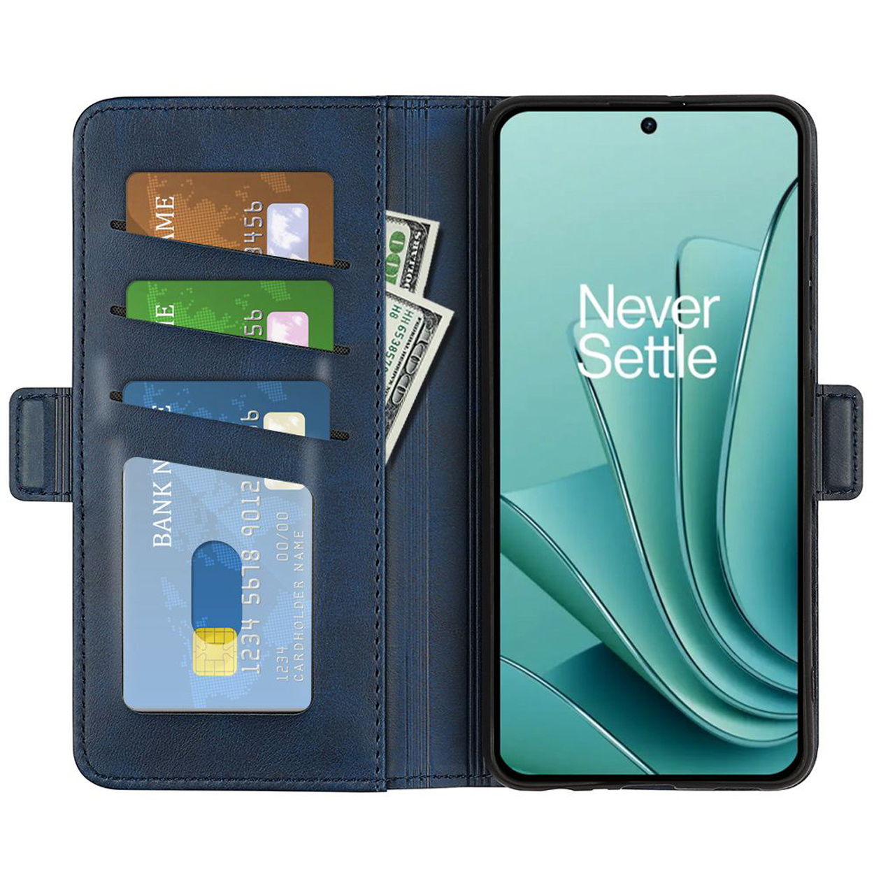 Coque de téléphone bleue ouverte avec cartes et argent. Le téléphone affiche 'Never Settle'. Le fond est blanc.