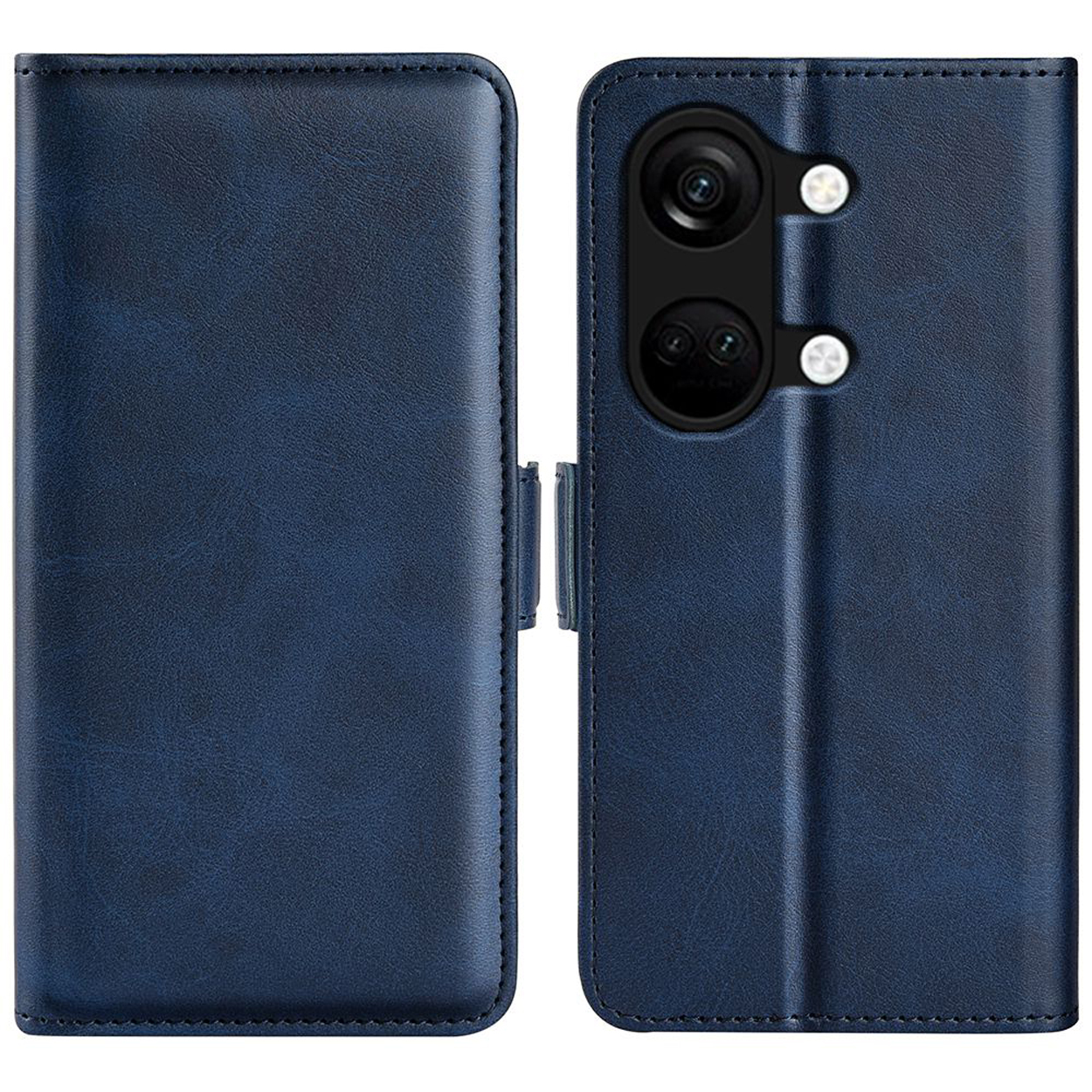 Étui de téléphone bleu. Le côté gauche est fermé, et le côté droit montre la caméra du téléphone.