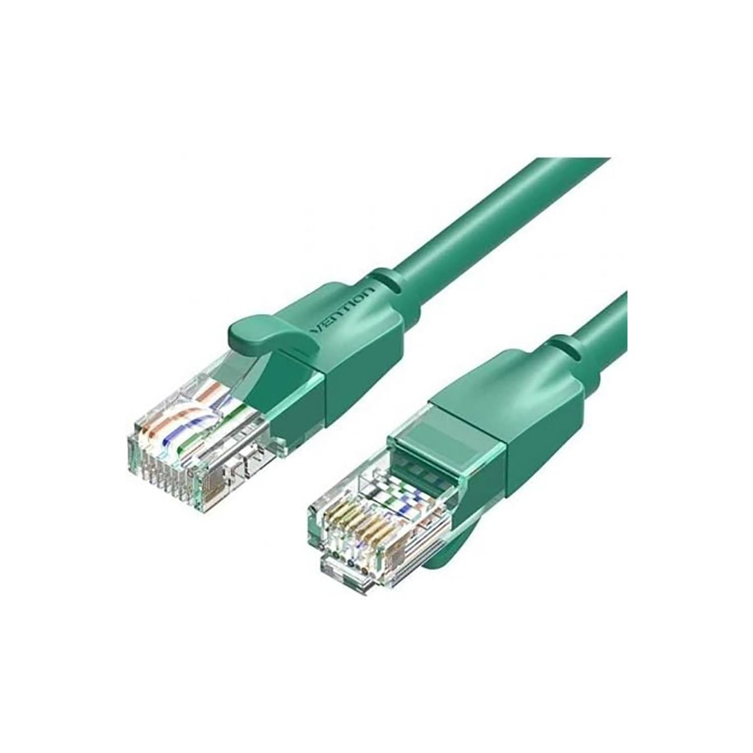 Un cavo Ethernet verde è mostrato, con connettori trasparenti. Lo sfondo è bianco.