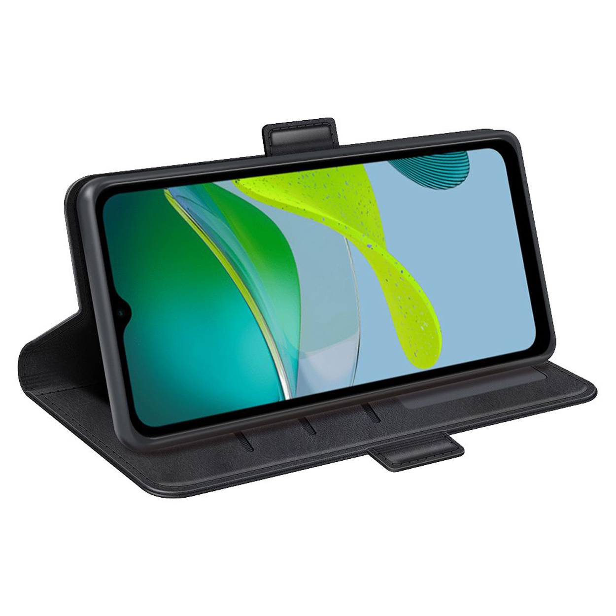 Zwarte telefoonhoes met telefoon. Het scherm toont een groen en blauw abstract ontwerp.