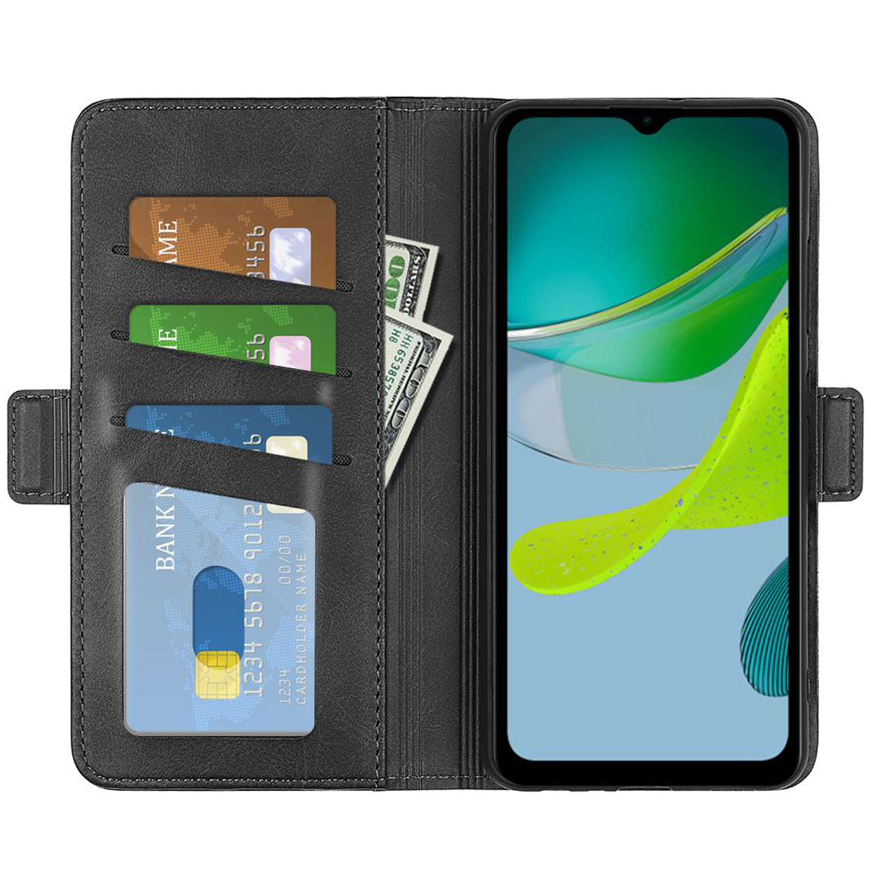 Telefoonhoes open met kaarten en contant geld erin. Een telefoon is zichtbaar. Witte achtergrond.