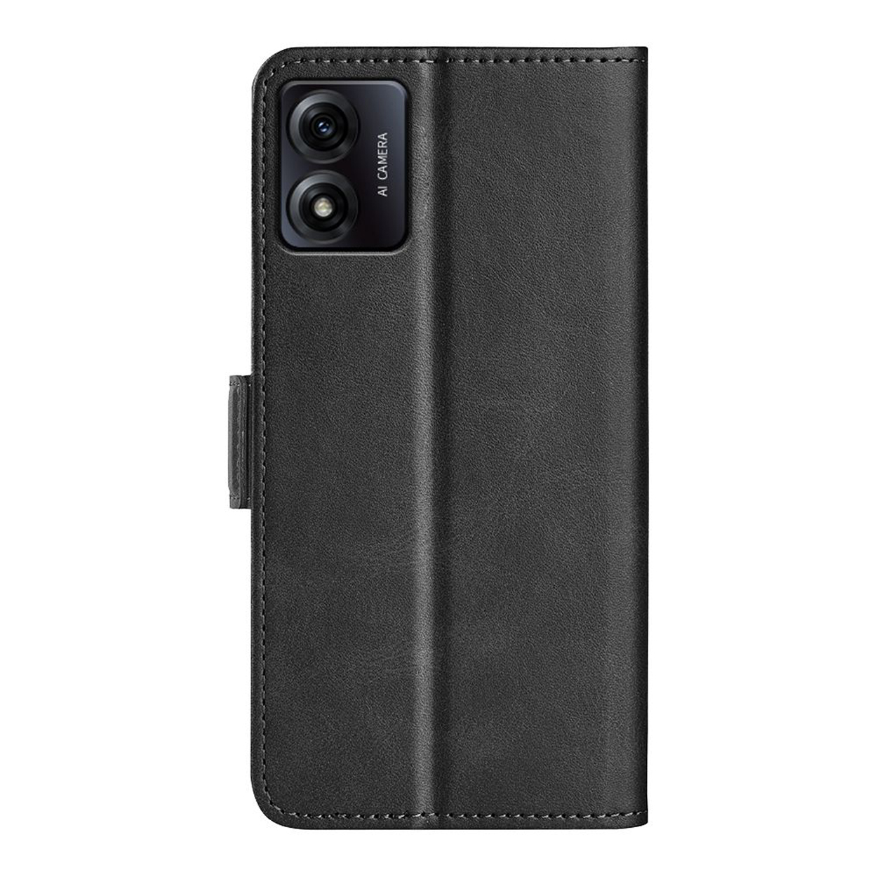 Zwarte leren telefoonhoes met telefoon erin. Camera linksboven.