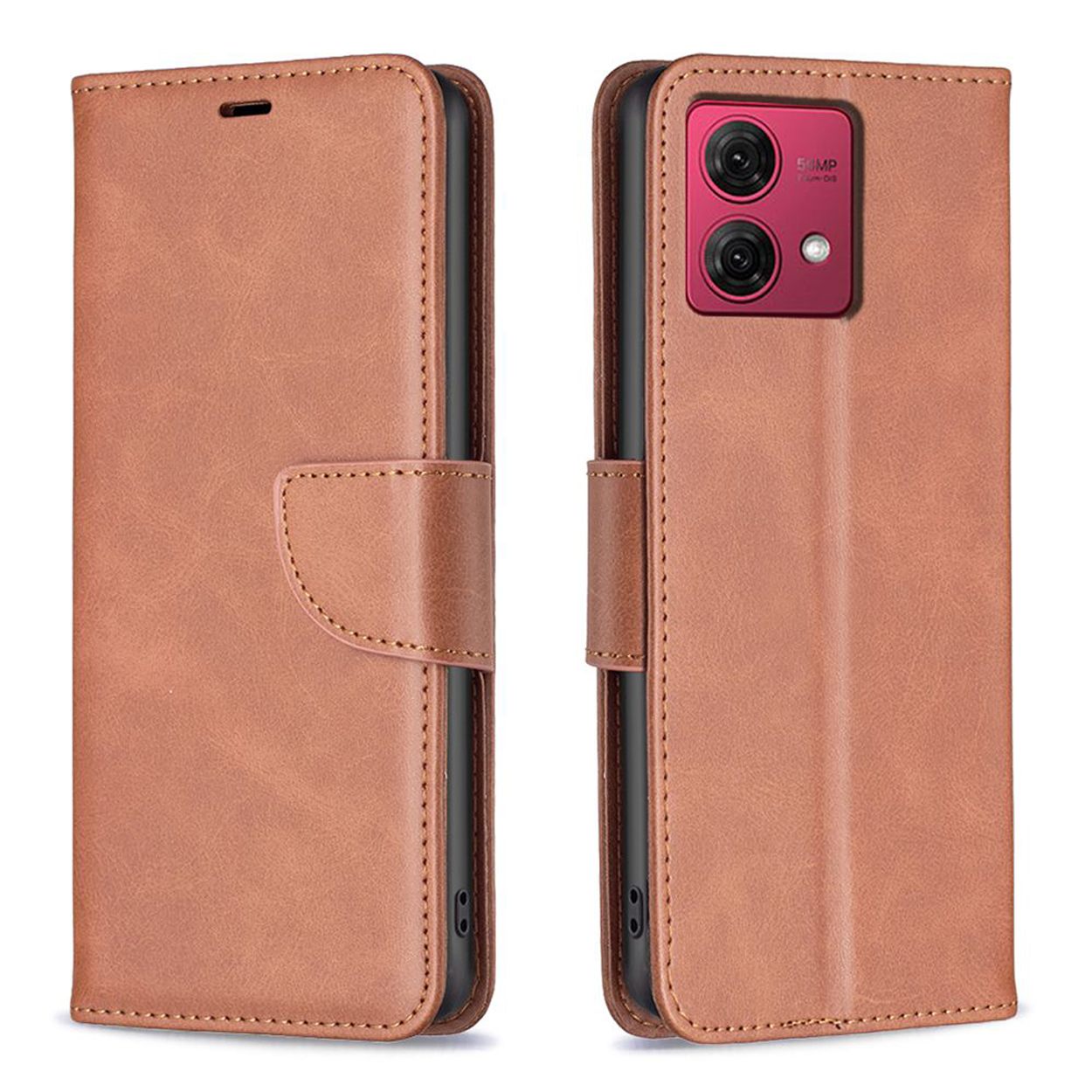 Bruine telefoonhoes open en dicht. Het heeft een roze cameragedeelte aan de open kant.