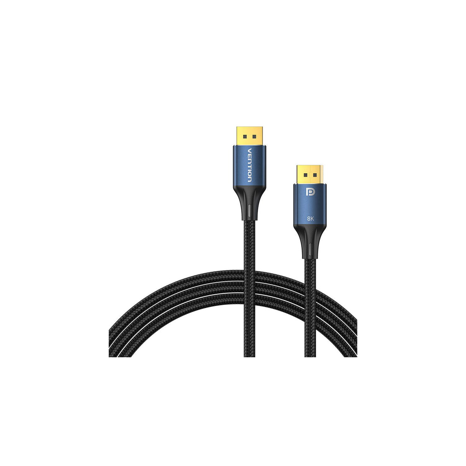 Schwarzes und blaues 8K DP-Kabel auf weißem Hintergrund. Vention-Logo ist sichtbar.