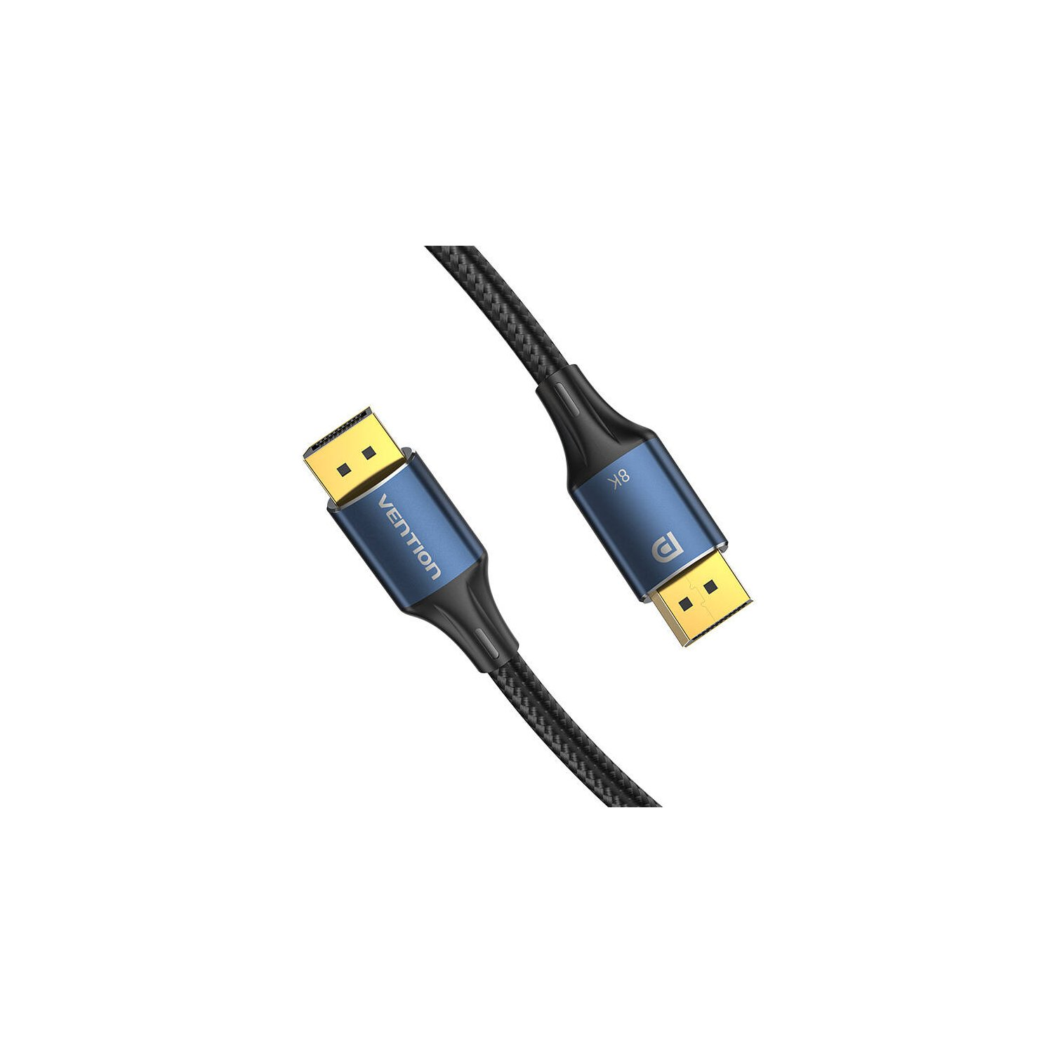 Zwei schwarze und blaue DisplayPort-Kabel auf weißer Oberfläche, schräge Draufsicht.