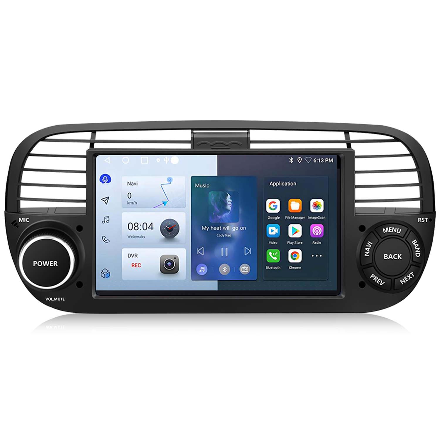 Auto-Multimedia-System mit Touchscreen-Display und verschiedenen Anwendungssymbolen.