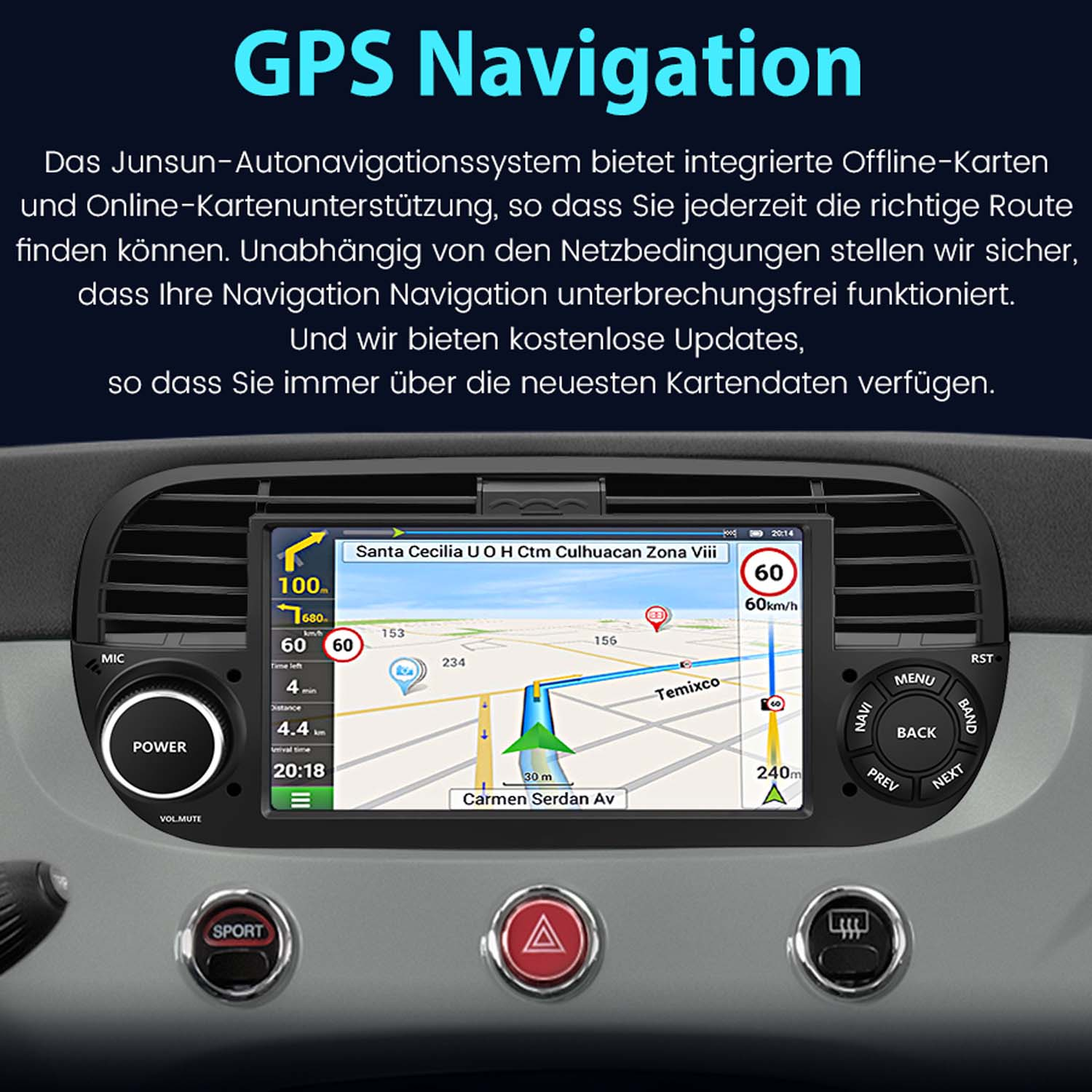 Armaturenbrett mit Navigationsbildschirm, der eine Route anzeigt. Text überlagert den Bildschirm.