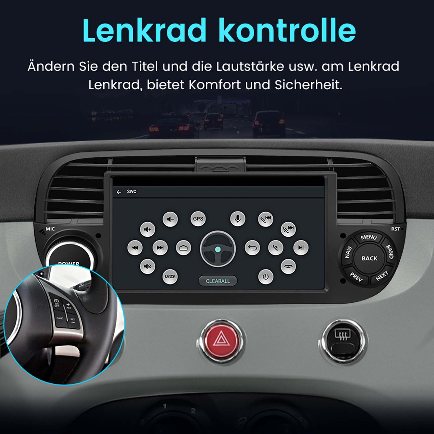 Autoinstrumententafel mit Bildschirm, der Bedienelemente anzeigt. Lenkrad links.