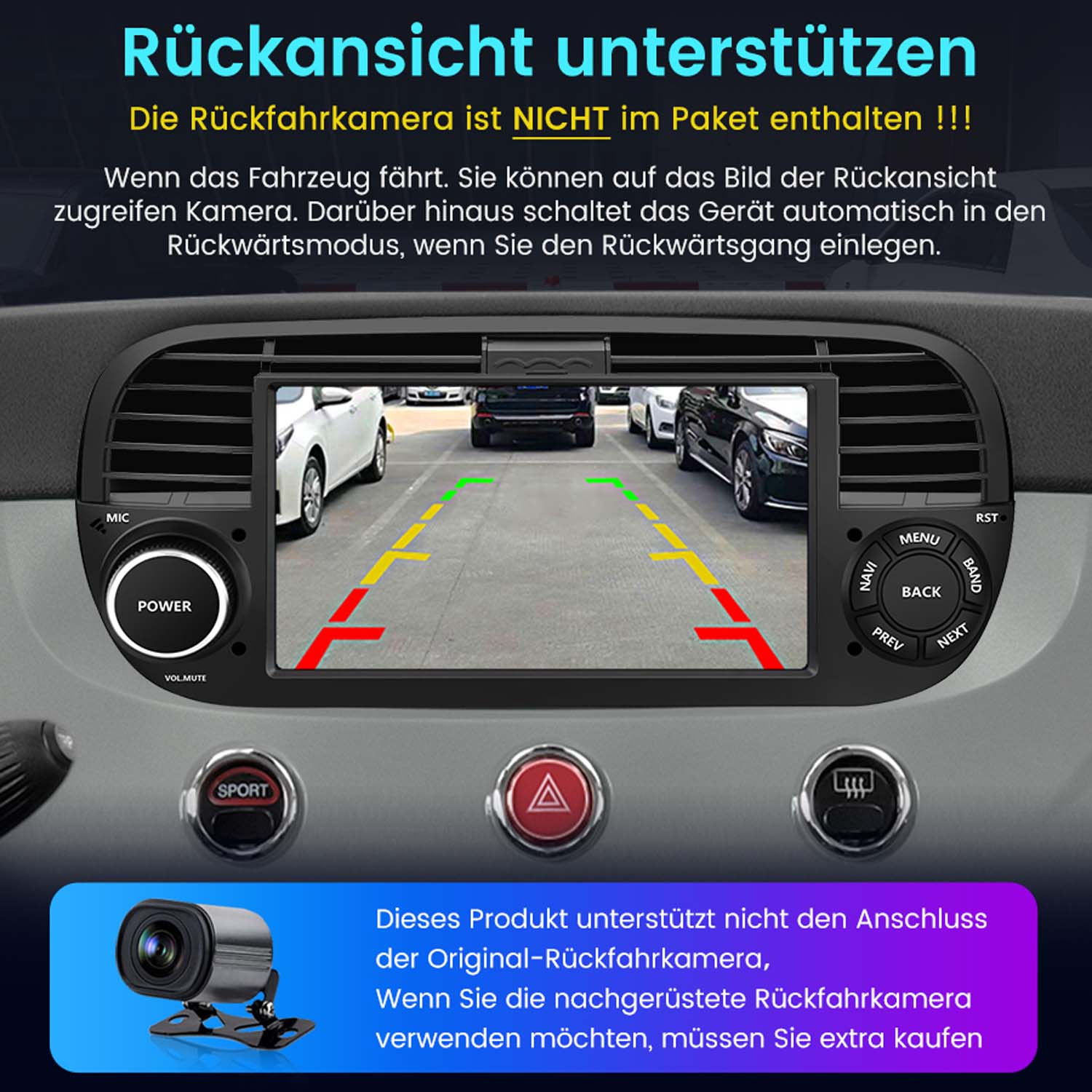 Autoradio-Bildschirm mit Rückfahrkamera-Ansicht. Autos parken hinter dem Auto.