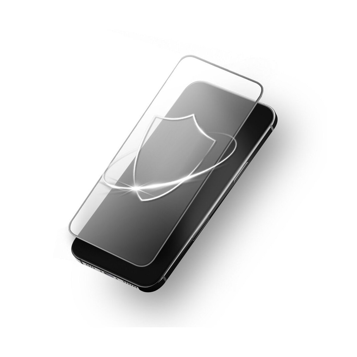 Uno smartphone con protezione schermo, con un design a scudo, è mostrato su sfondo bianco. Il telefono è nero.