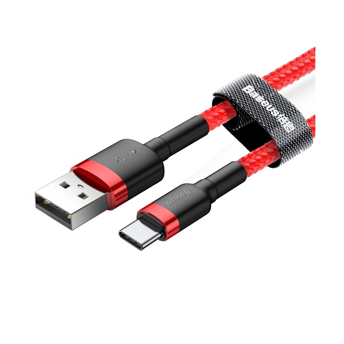 Czerwony i czarny kabel USB-C z marką Baseus i złączem USB-A.