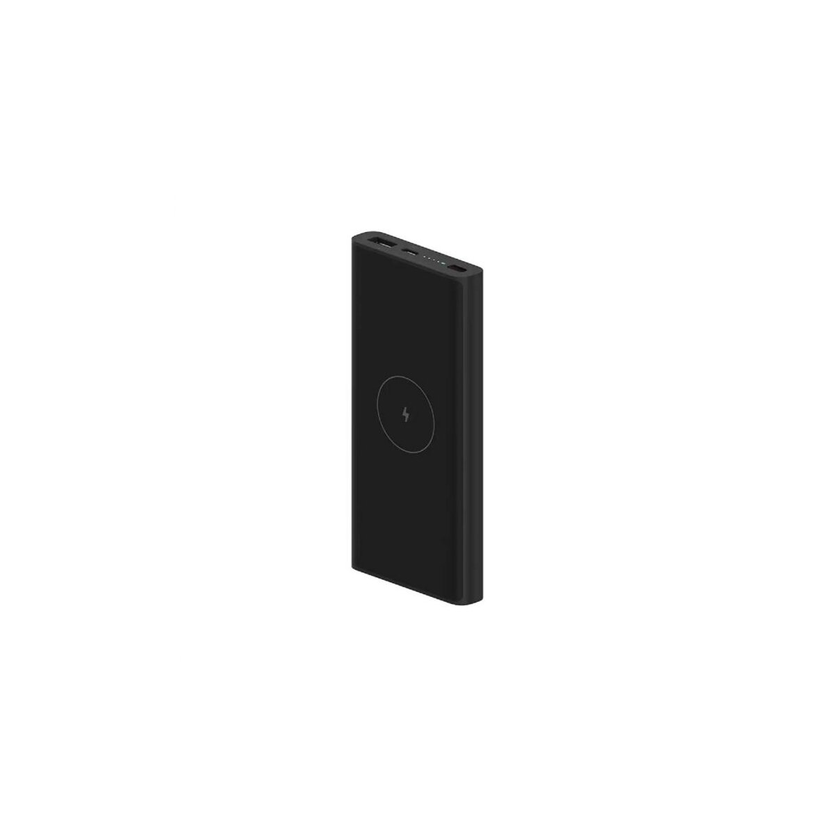 Power bank portatile nero con un simbolo di ricarica wireless.