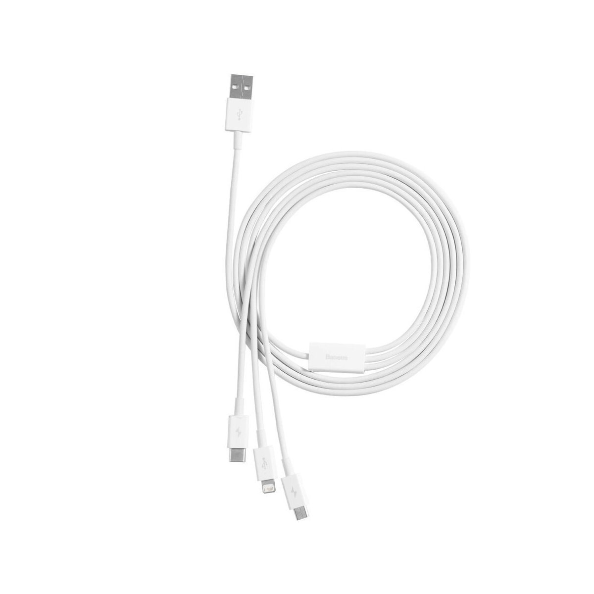 Witte USB-kabel met meerdere connectoren, waaronder USB-A, USB-C en Lightning.
