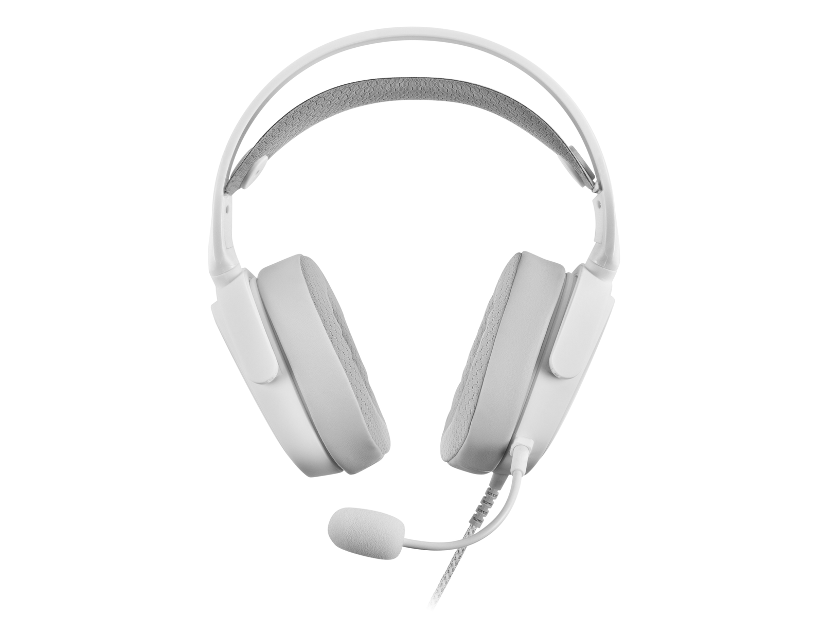 Obraz przedstawia białe słuchawki nauszne z mikrofonem, na białym tle.