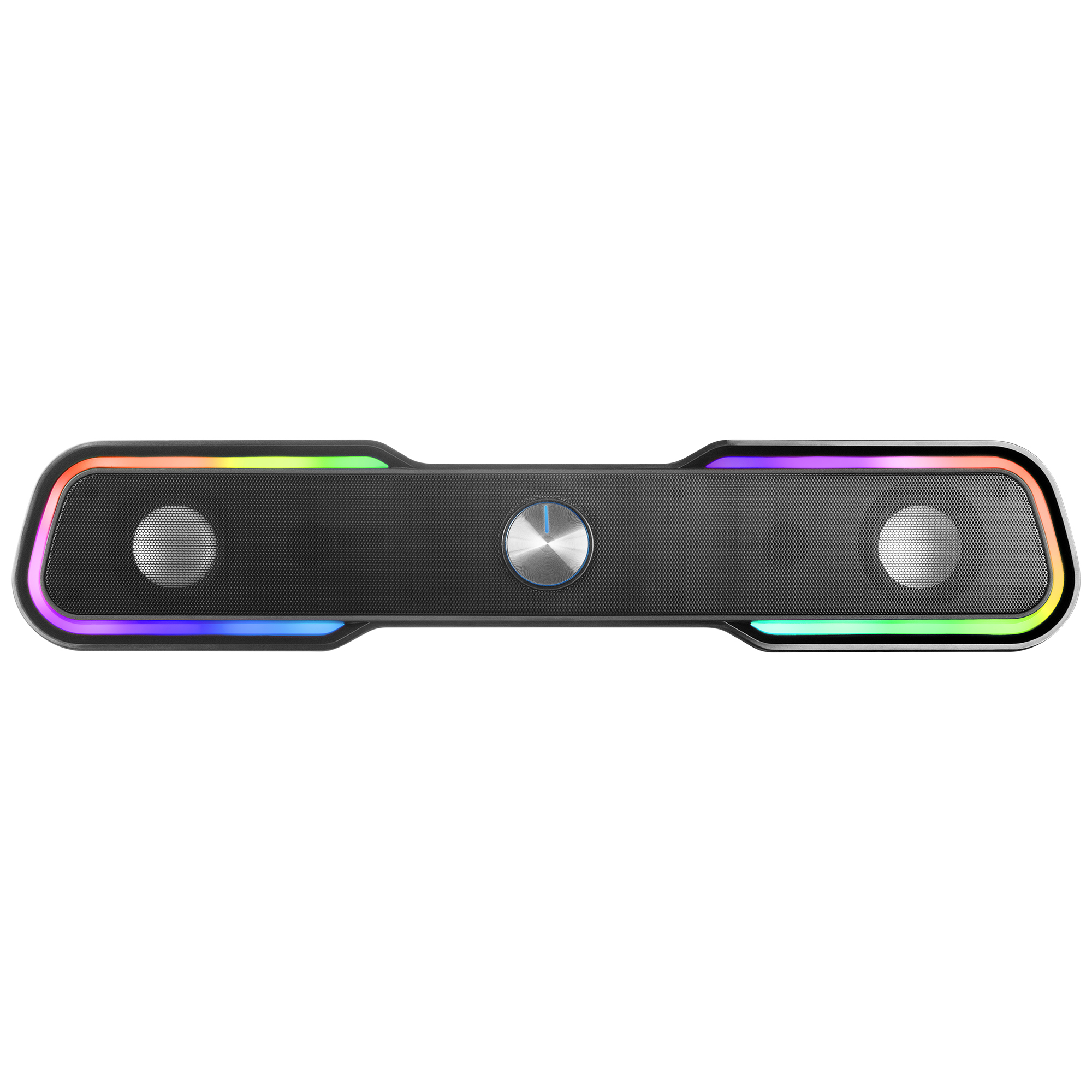 Soundbar nera con illuminazione RGB, manopola centrale, isolata su bianco.