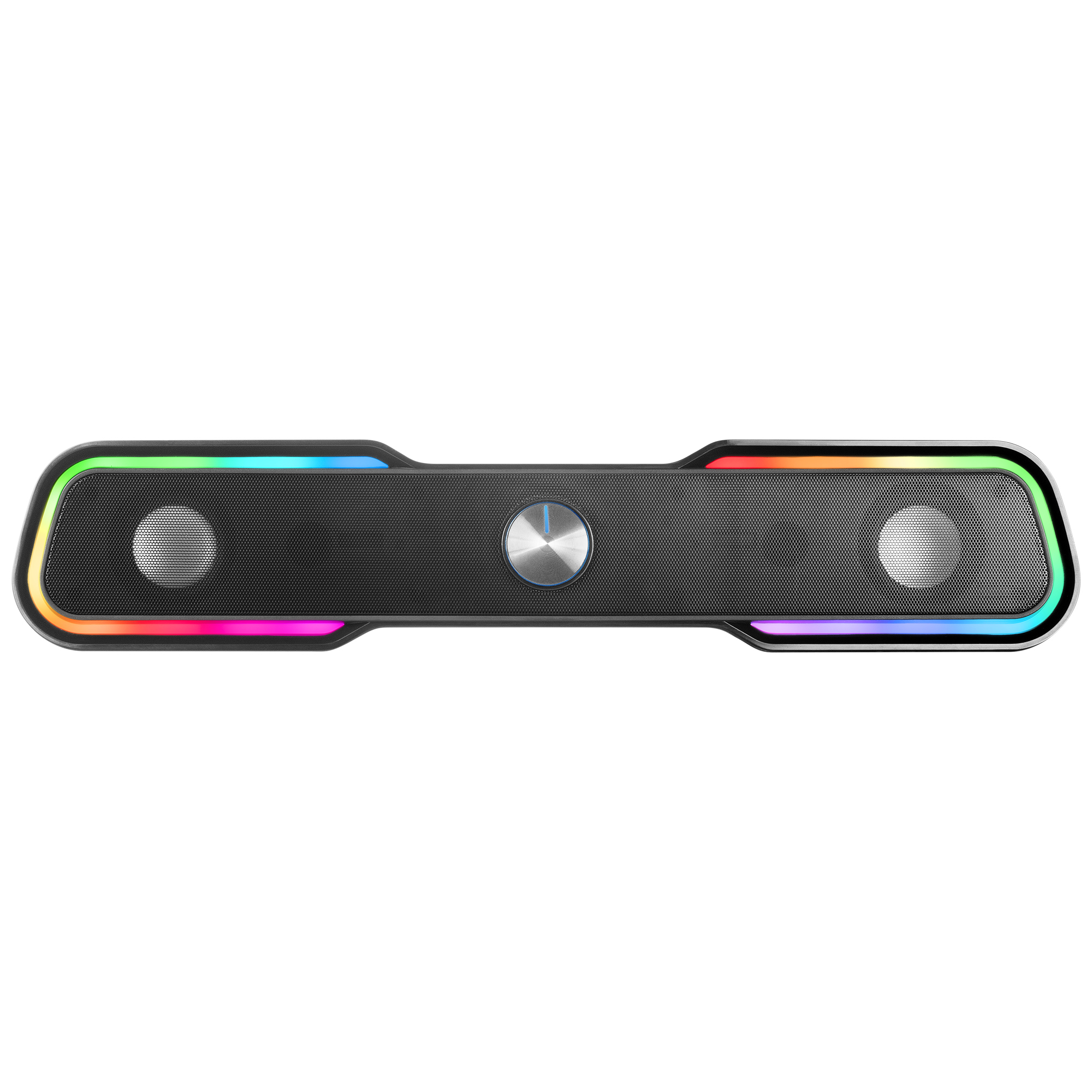 Una soundbar nera con luci a LED colorate alle estremità e un pulsante di controllo centrale.