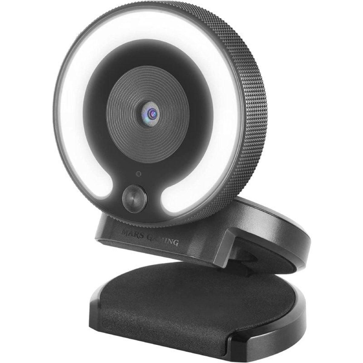 Una webcam Mars Gaming nera con luce ad anello e un supporto.