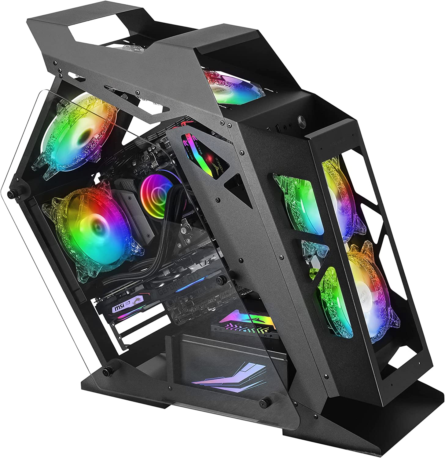 Una caja de PC negra con ventiladores y componentes iluminados de colores en el interior.