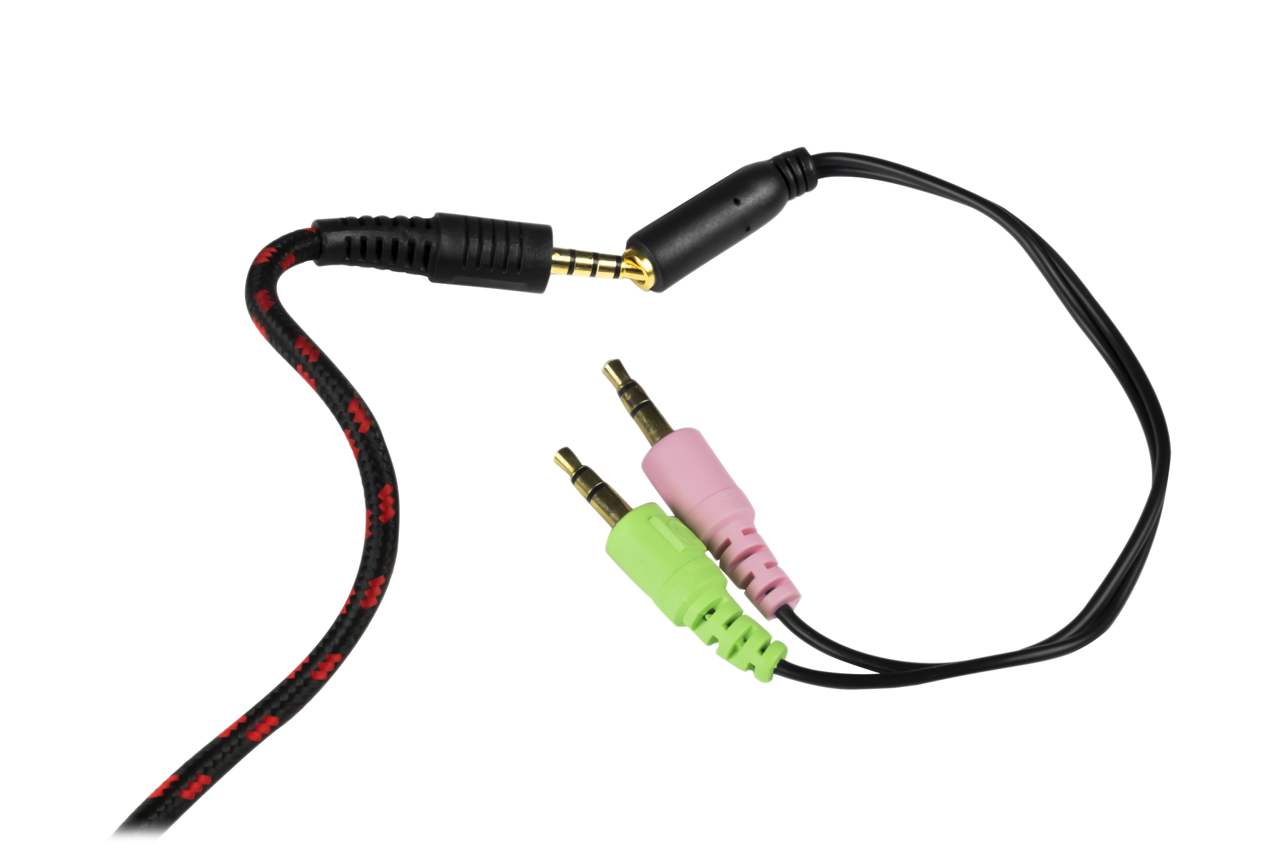 Cavo audio nero e rosso con tre connettori su sfondo bianco.