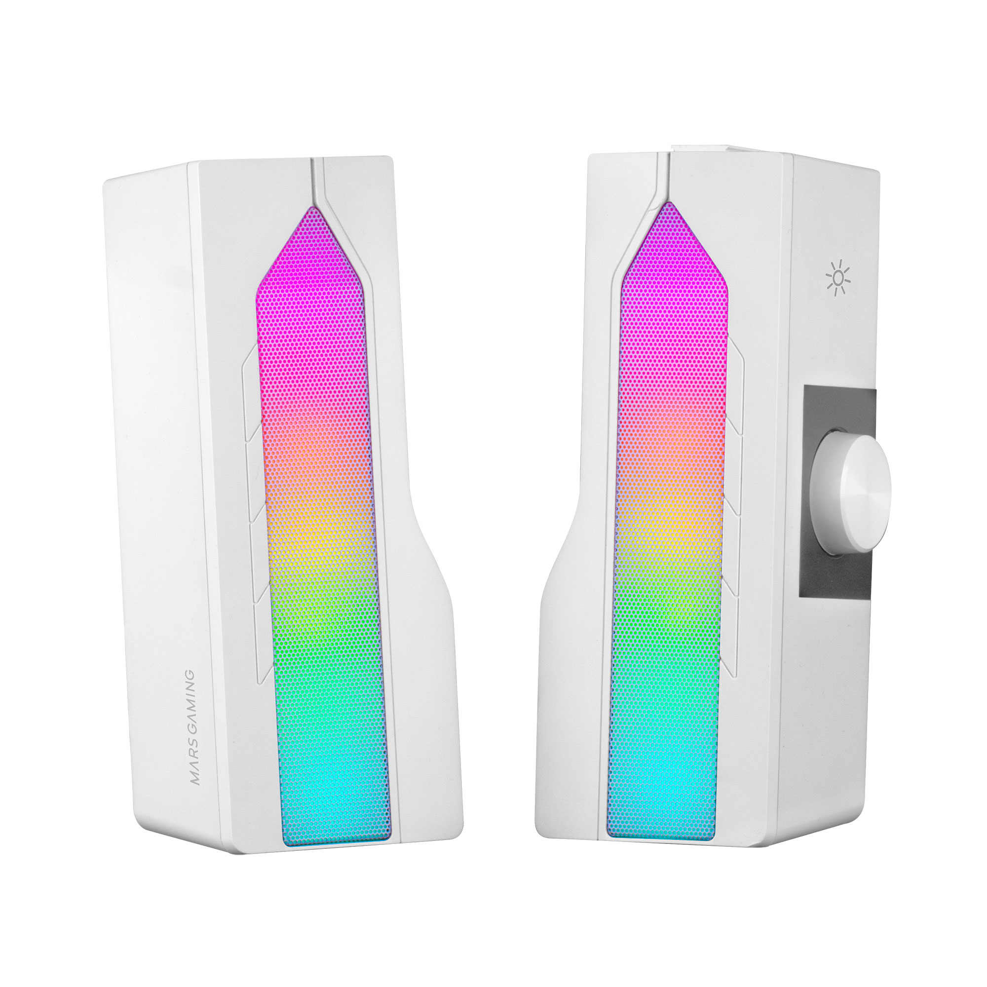 Due altoparlanti bianchi con luci RGB. Uno ha una manopola del volume. Testo 'MARS GAMING'.