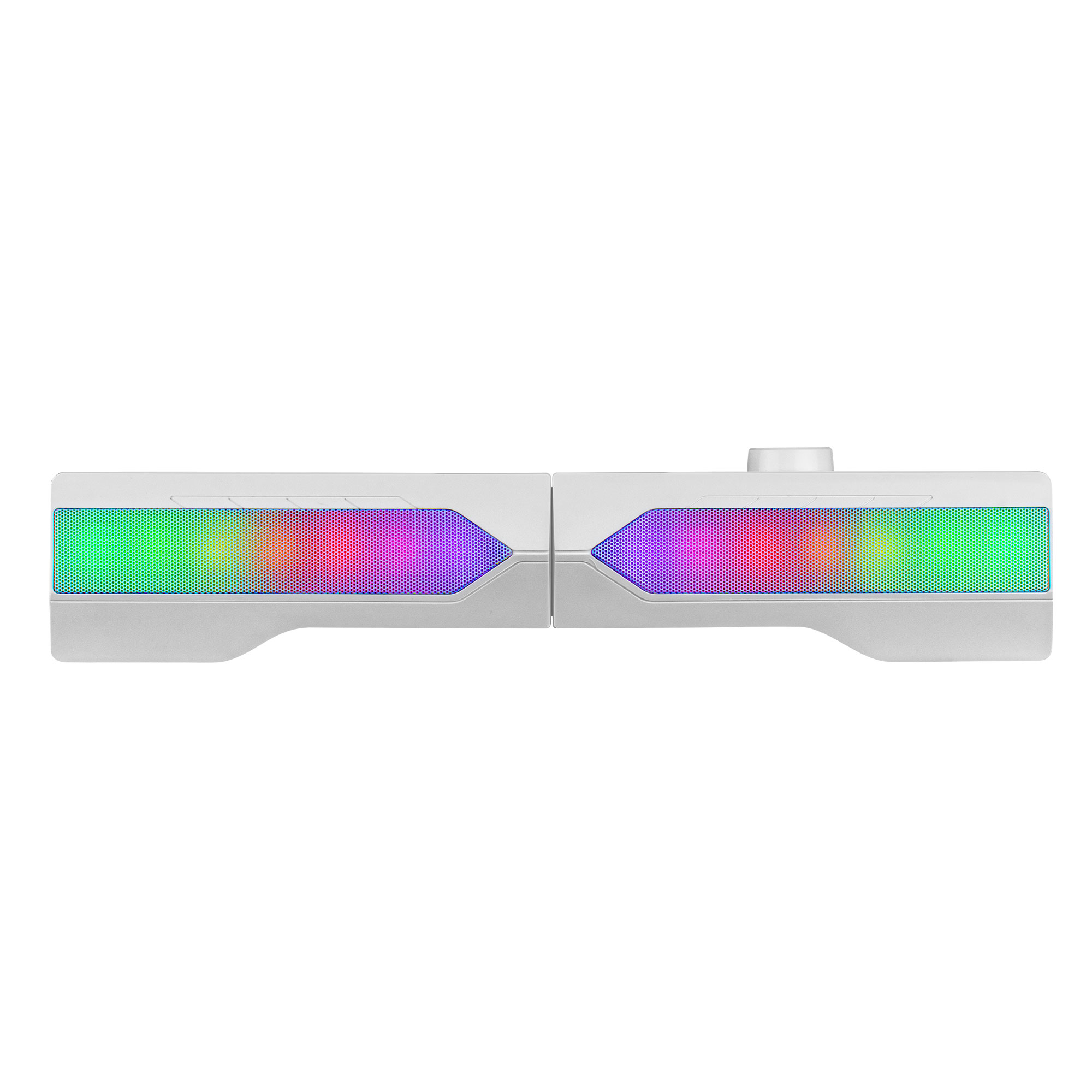 Un lungo componente per computer bianco con due sezioni di luci colorate, visto dall'alto.